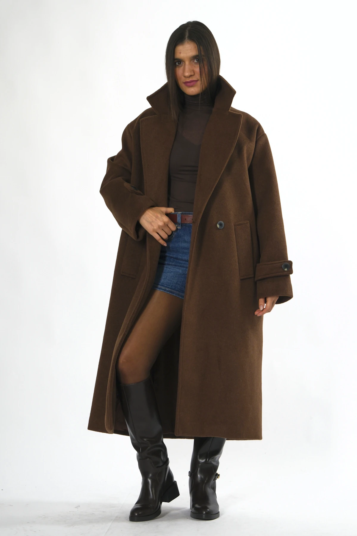 Abbra Kadın Pamuklu Astarlı Uzun Kaşe Kaban