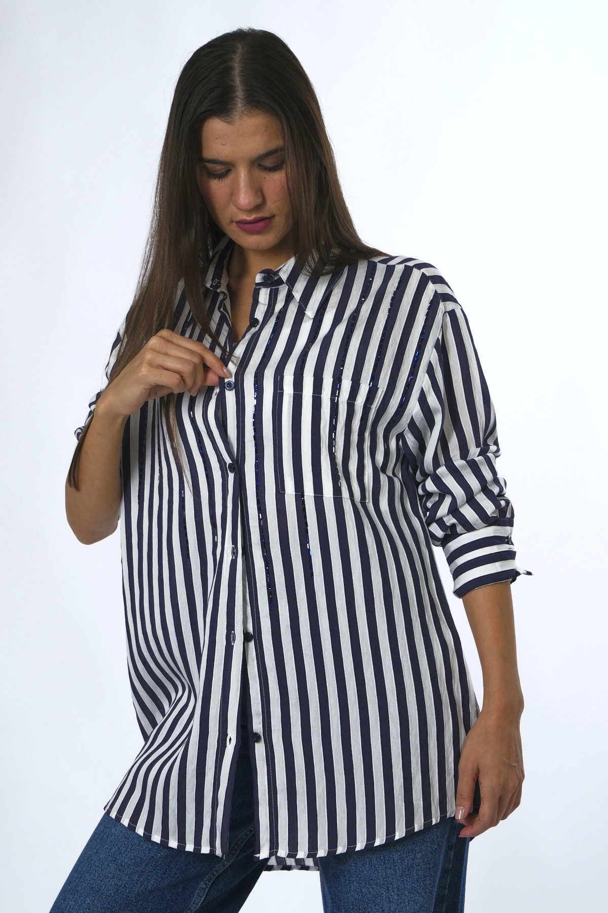 Abbra Kadın Oversize Taşlı Çizgili Cepli Gömlek