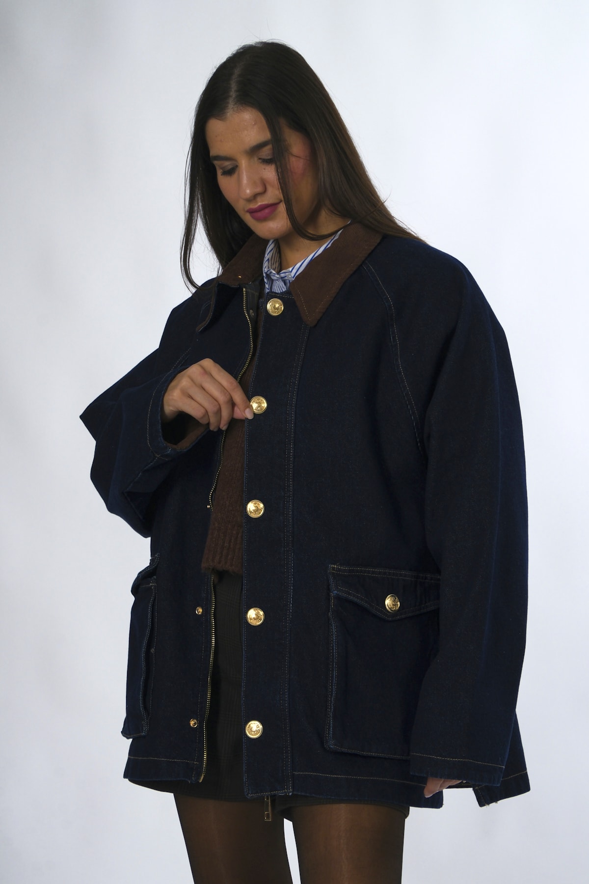 Abbra Kadın Kadife Yaka Oversize Kot Ceket