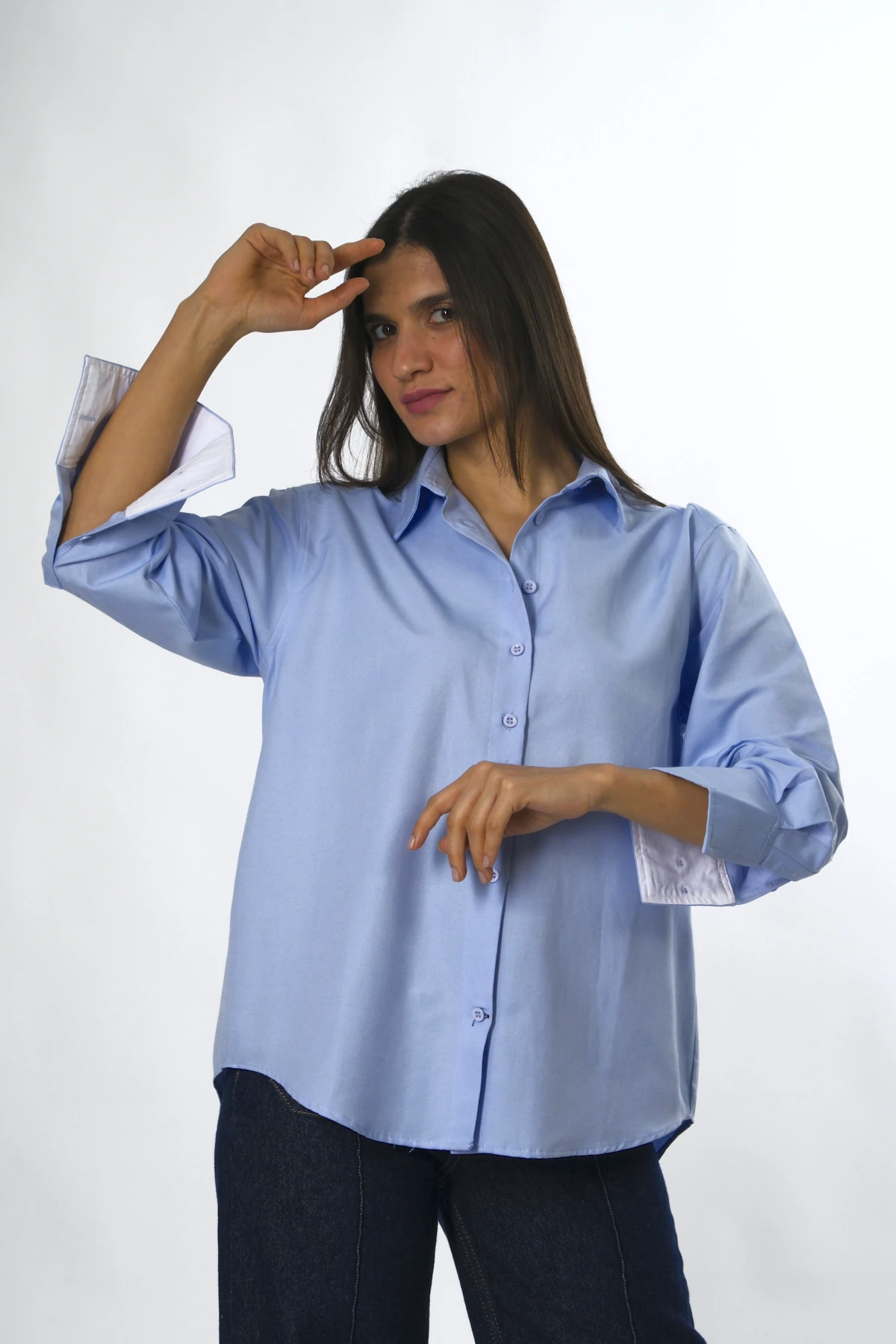 Abbra Kadın Pamuklu Kolu Beyaz Manşetli Gömlek