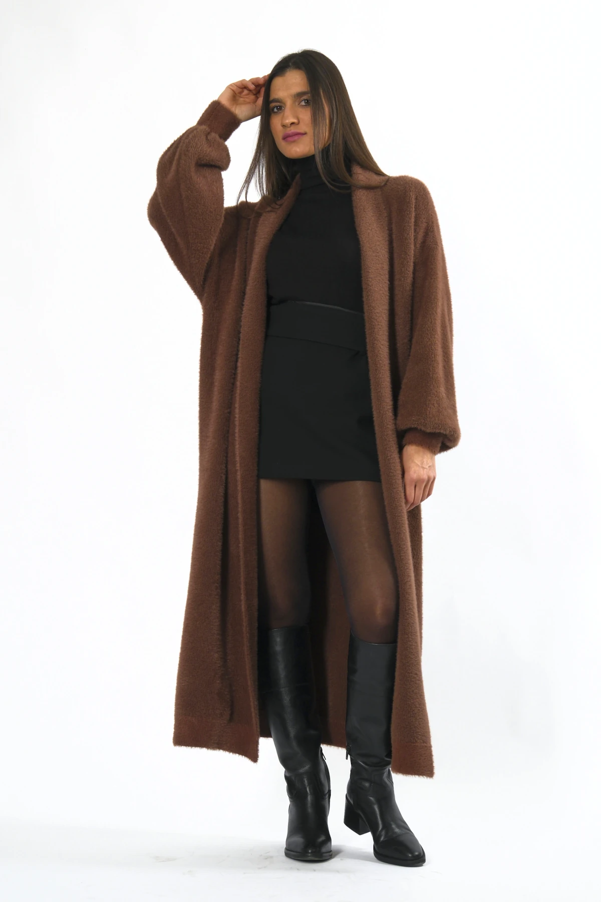 Abbra Kadın Boydan Sakallı Triko Hırka - ACI KAHVE