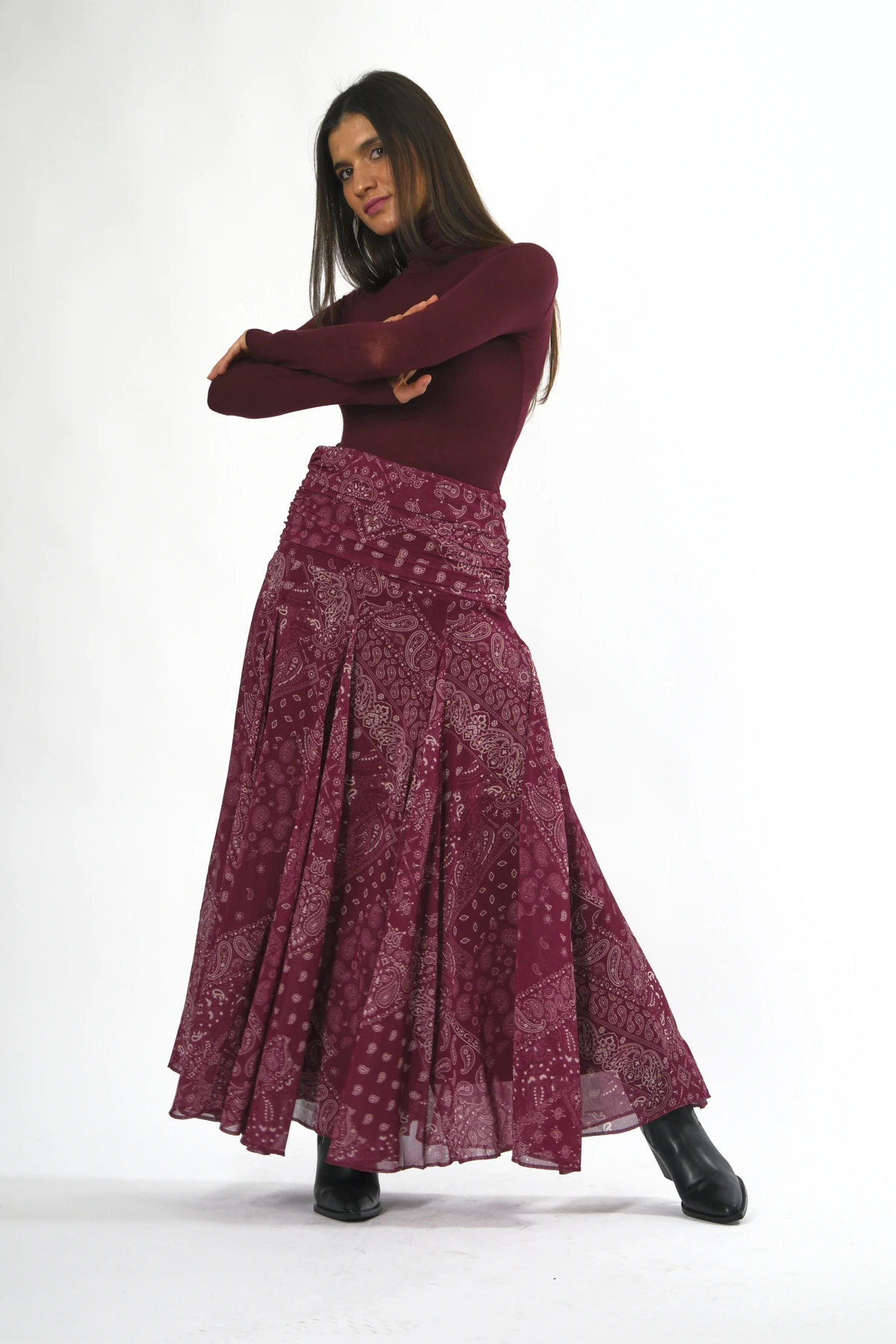 Abbra Kadın Bel Detaylı Şal Desen Astarlı Şifon Etek