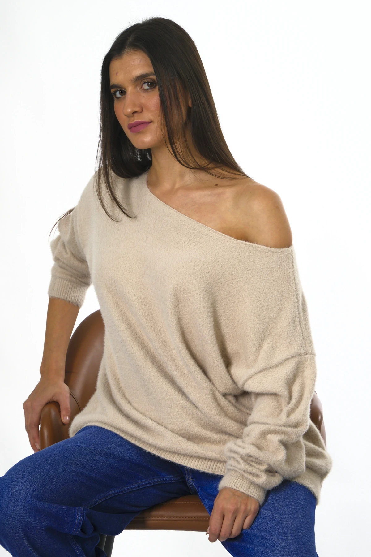 Abbra Kadın Tek Omzu Açık Sakallı Kazak - TAŞ