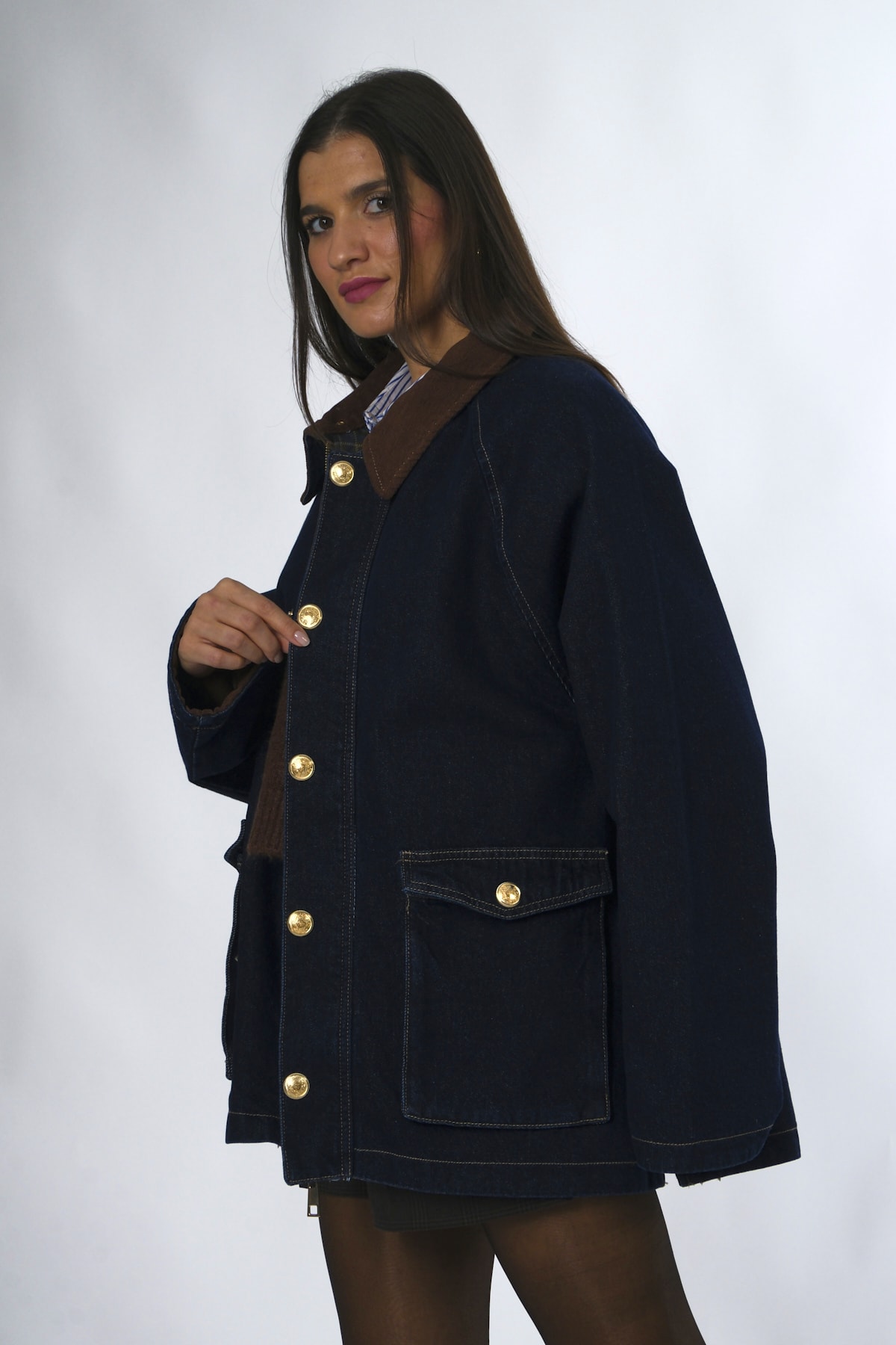 Abbra Kadın Kadife Yaka Oversize Kot Ceket