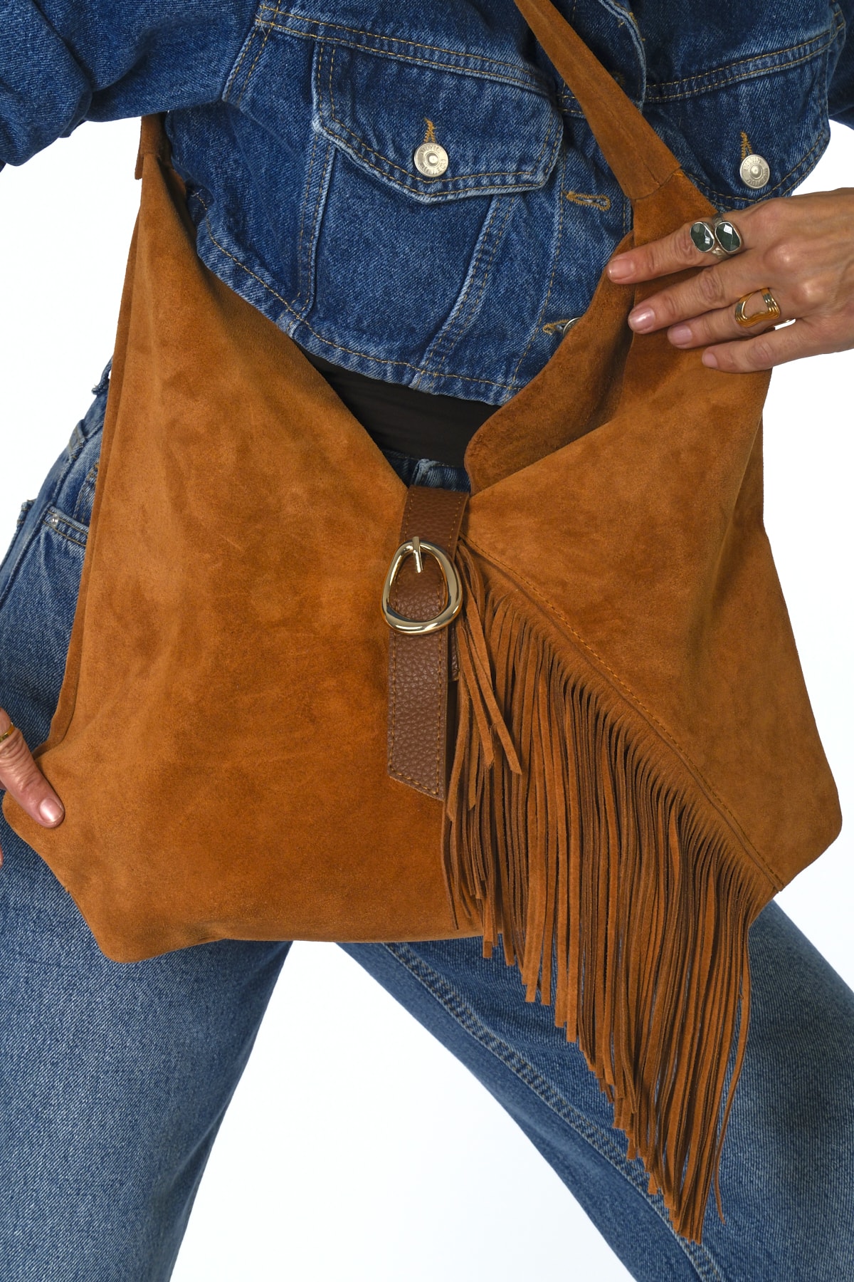 Abbra Kadın Gerçek Süet Deri Yavrulu Yan Püsküllü Çanta