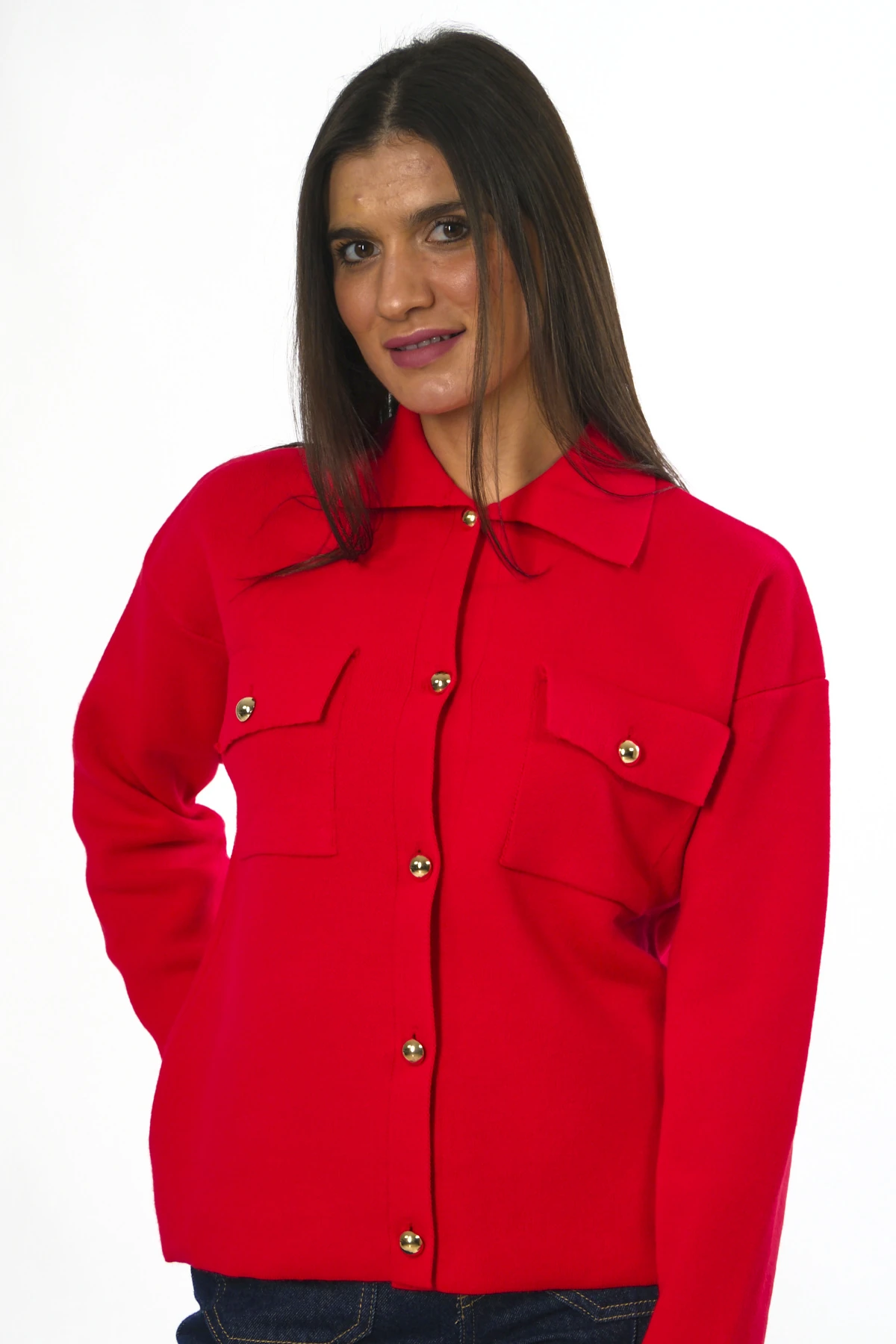 Abbra Kadın Cepli Düğmeli Triko Hırka