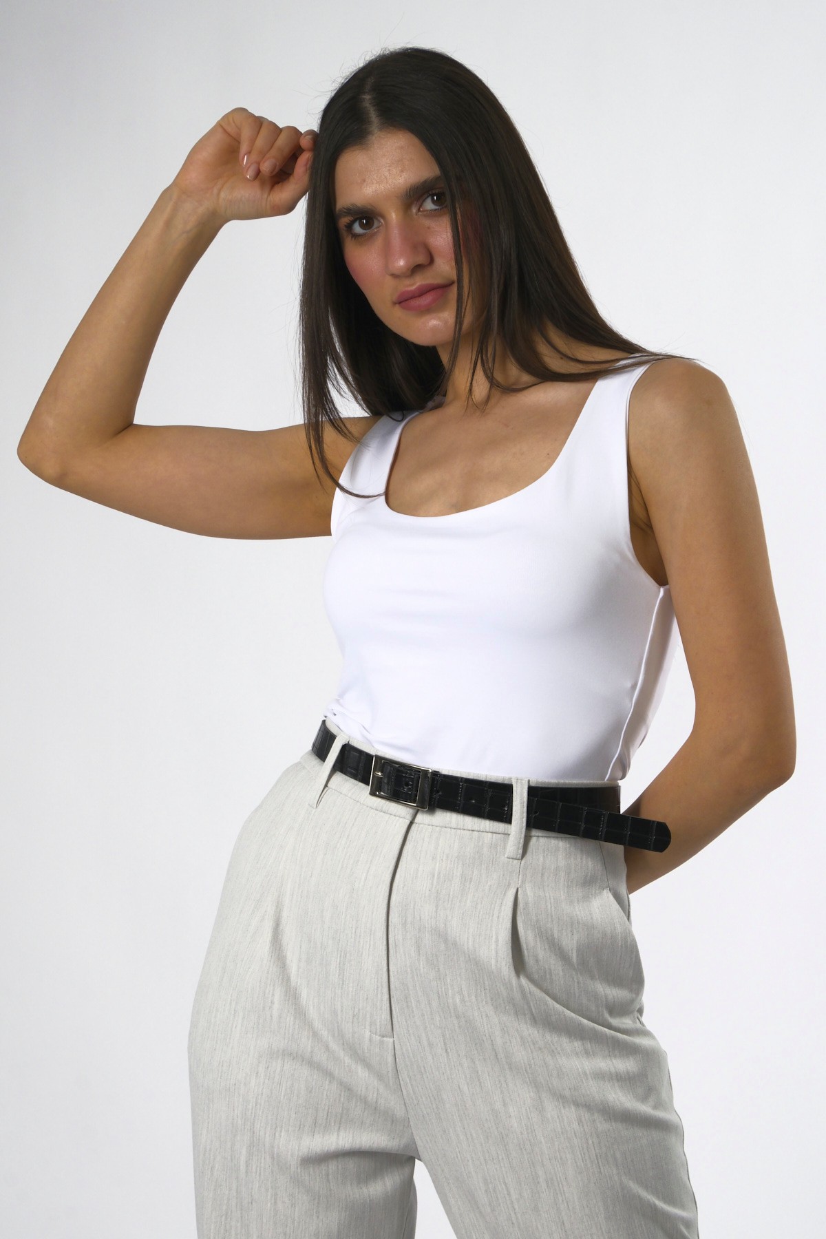 Abbra Kadın Kalın Askılı Poliamid Crop  - BEYAZ