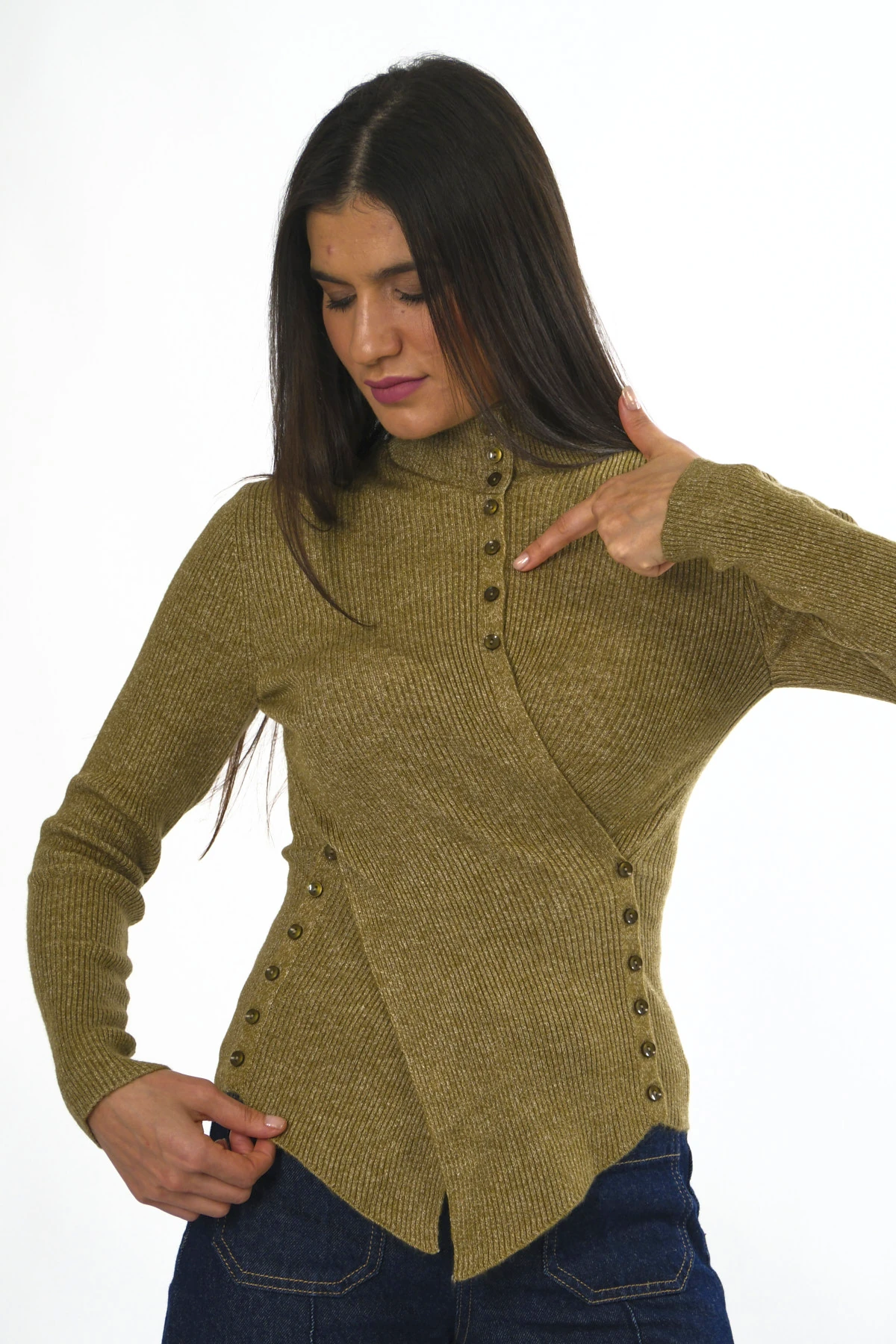 Abbra Kadın Belden Düğmeli Kazak