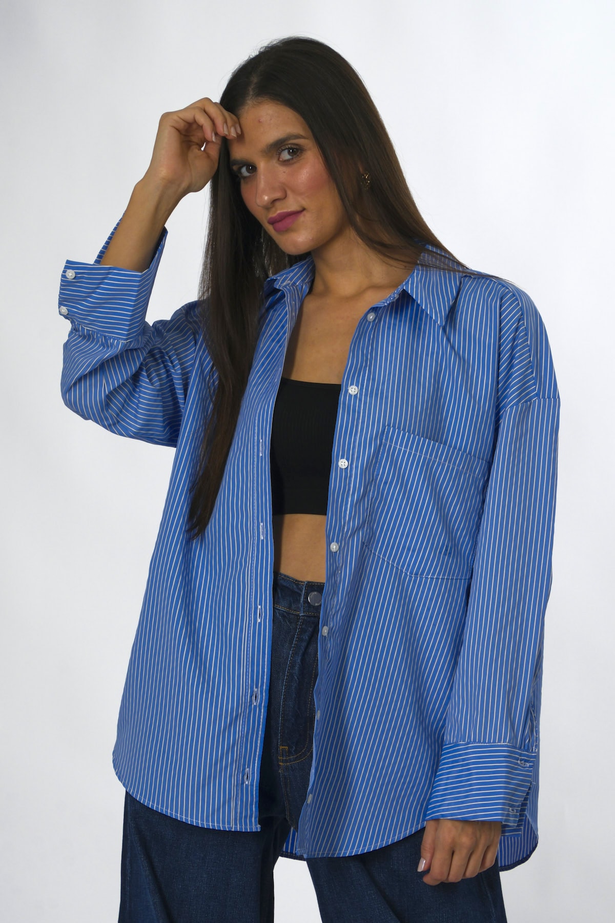Abbra Kadın İnce Çizgili Oversize Gömlek