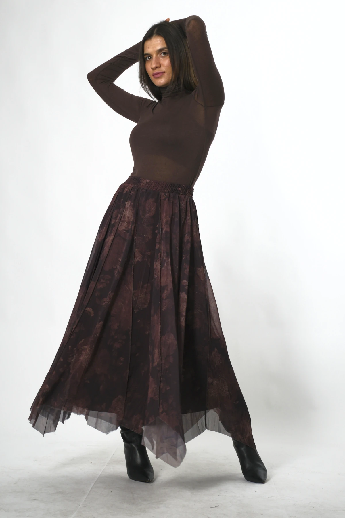 Abbra Kadın Astarlı Beli Lastikli Desenli Şifon Etek - KAHVE