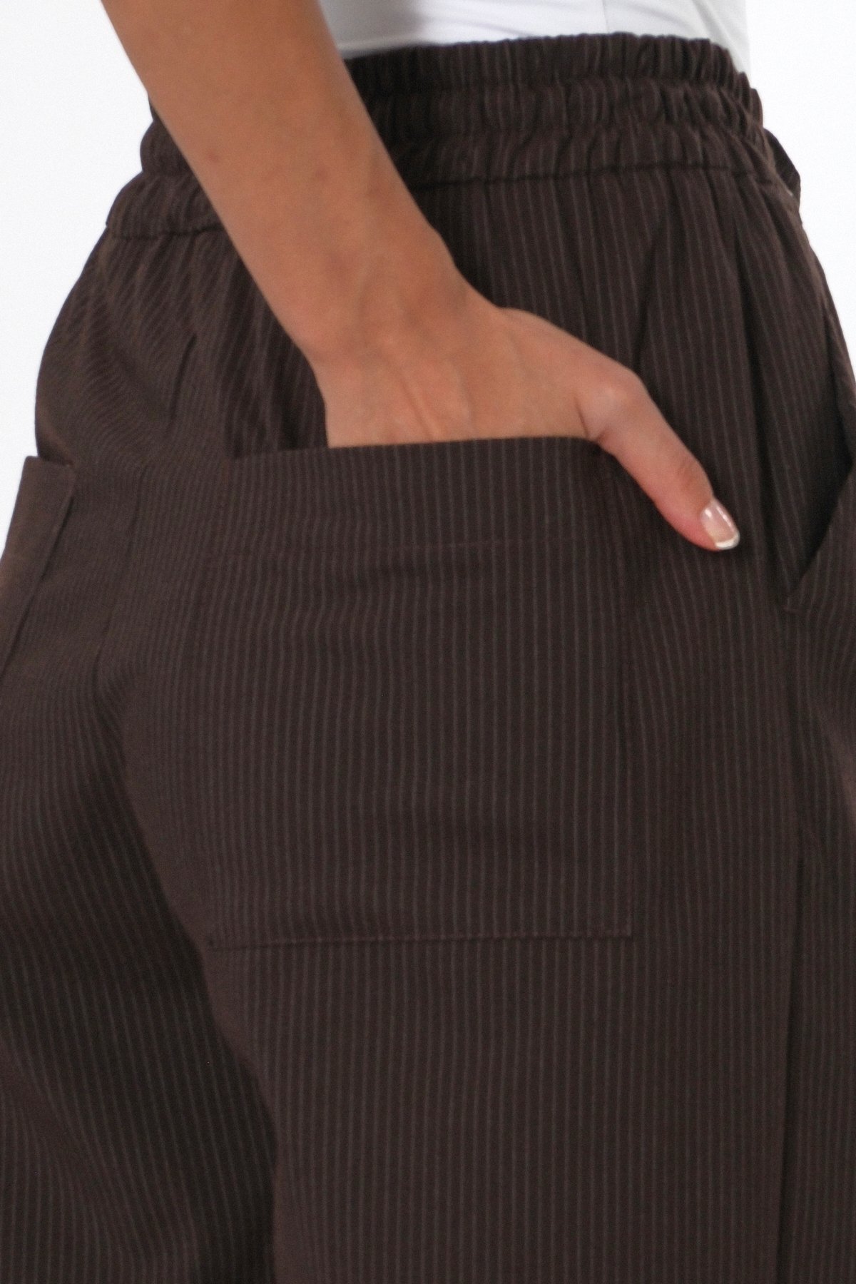Abbra Kadın Beli Lastikli Çizgili Oversize Pantolon