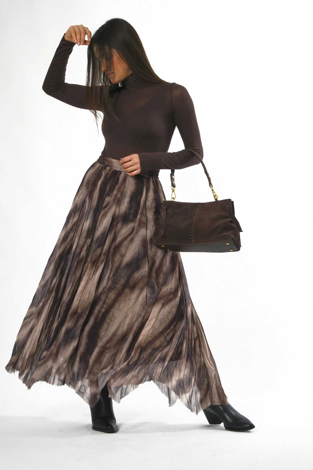 Abbra Kadın Beli Lastikli Astarlı Asimetrik Şifon Etek