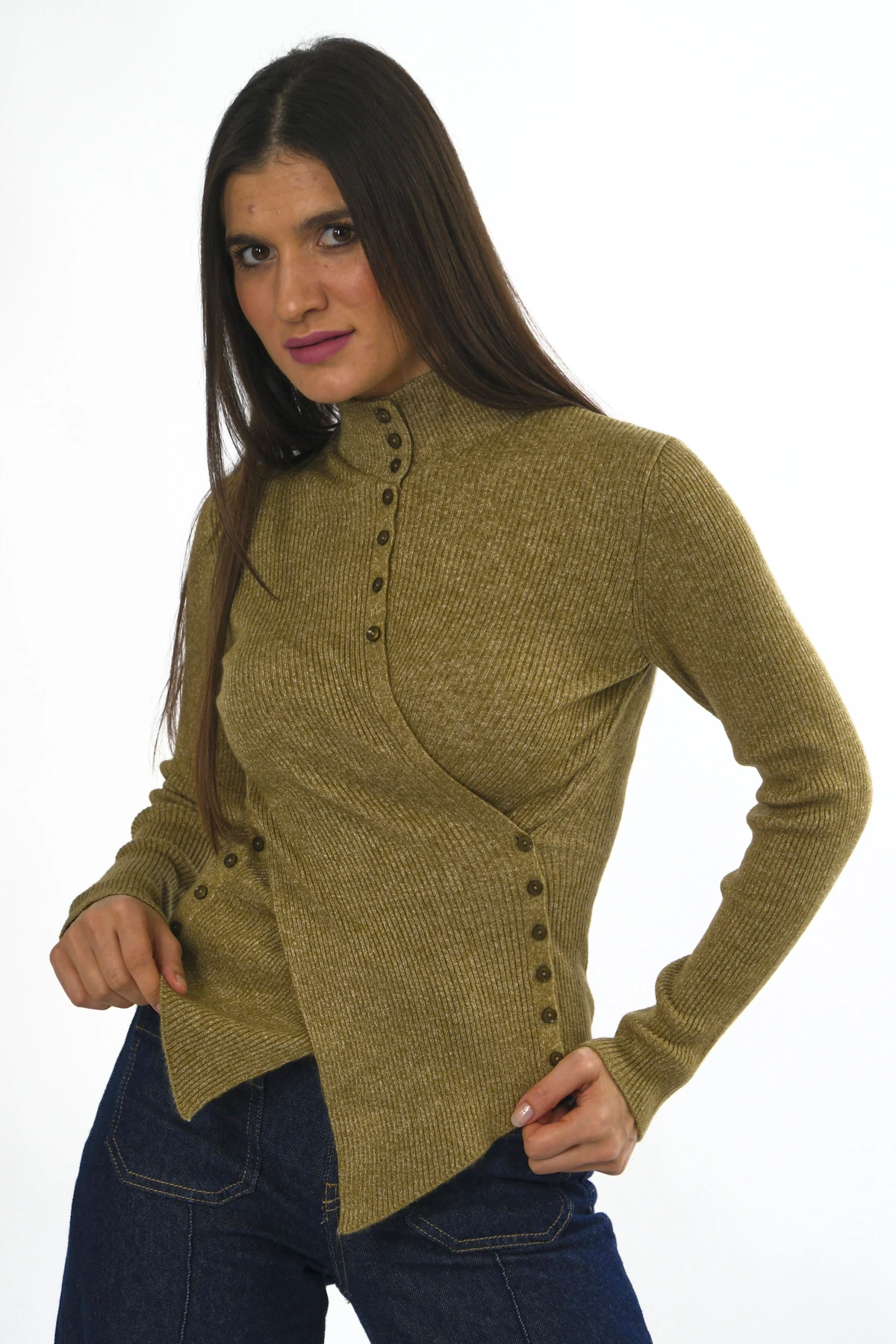 Abbra Kadın Belden Düğmeli Kazak