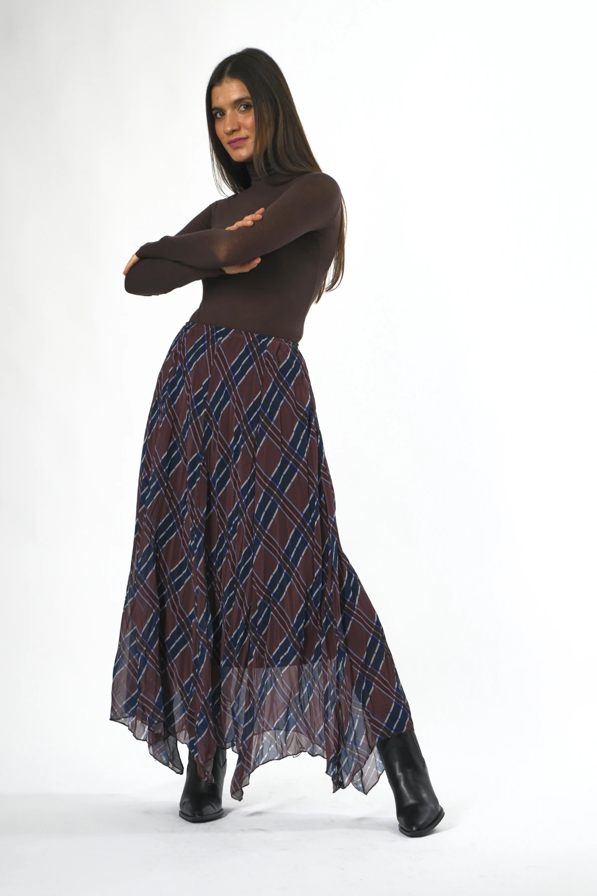 Kadın Beli Lastikli Astarlı Parçalı Ekose Etek - KAHVE-ZÜMRÜT