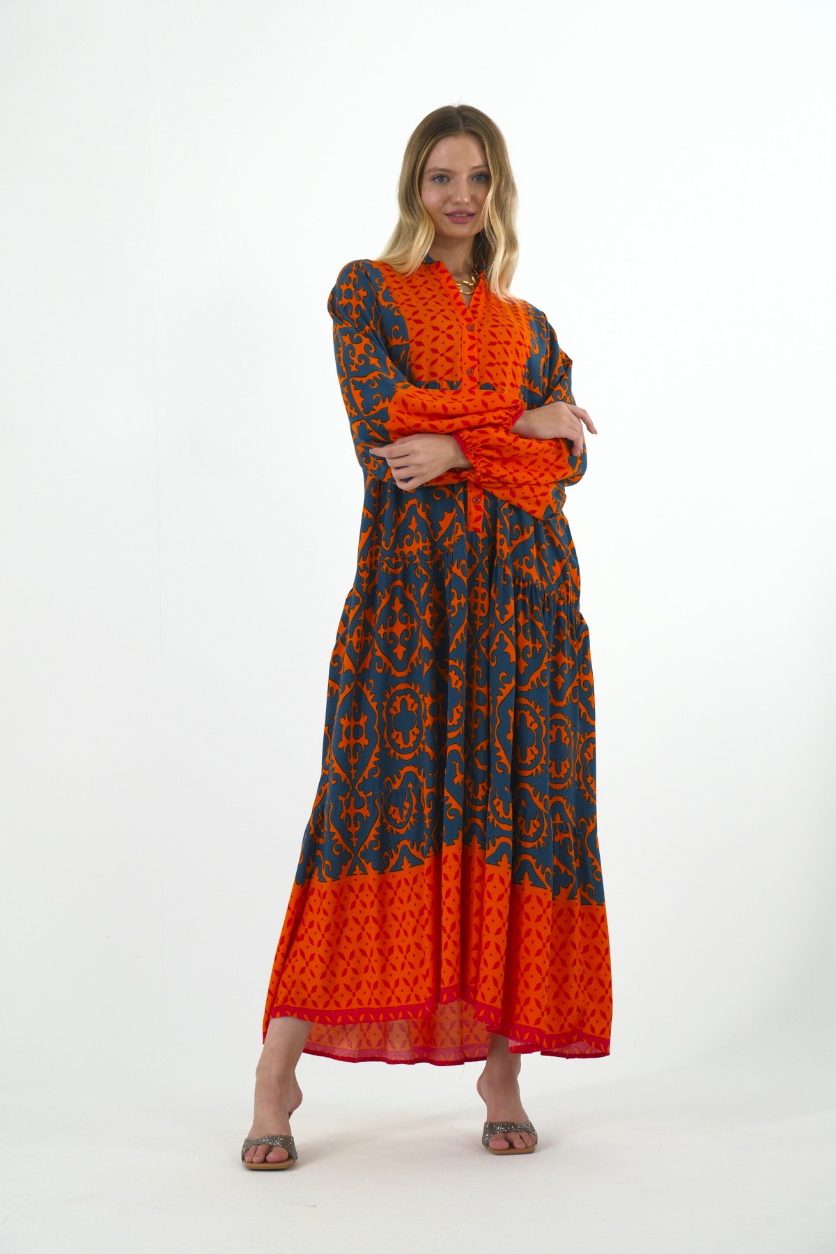 Abbra Kadın Katleya Model Elbise - ORANJ-LACİVERT