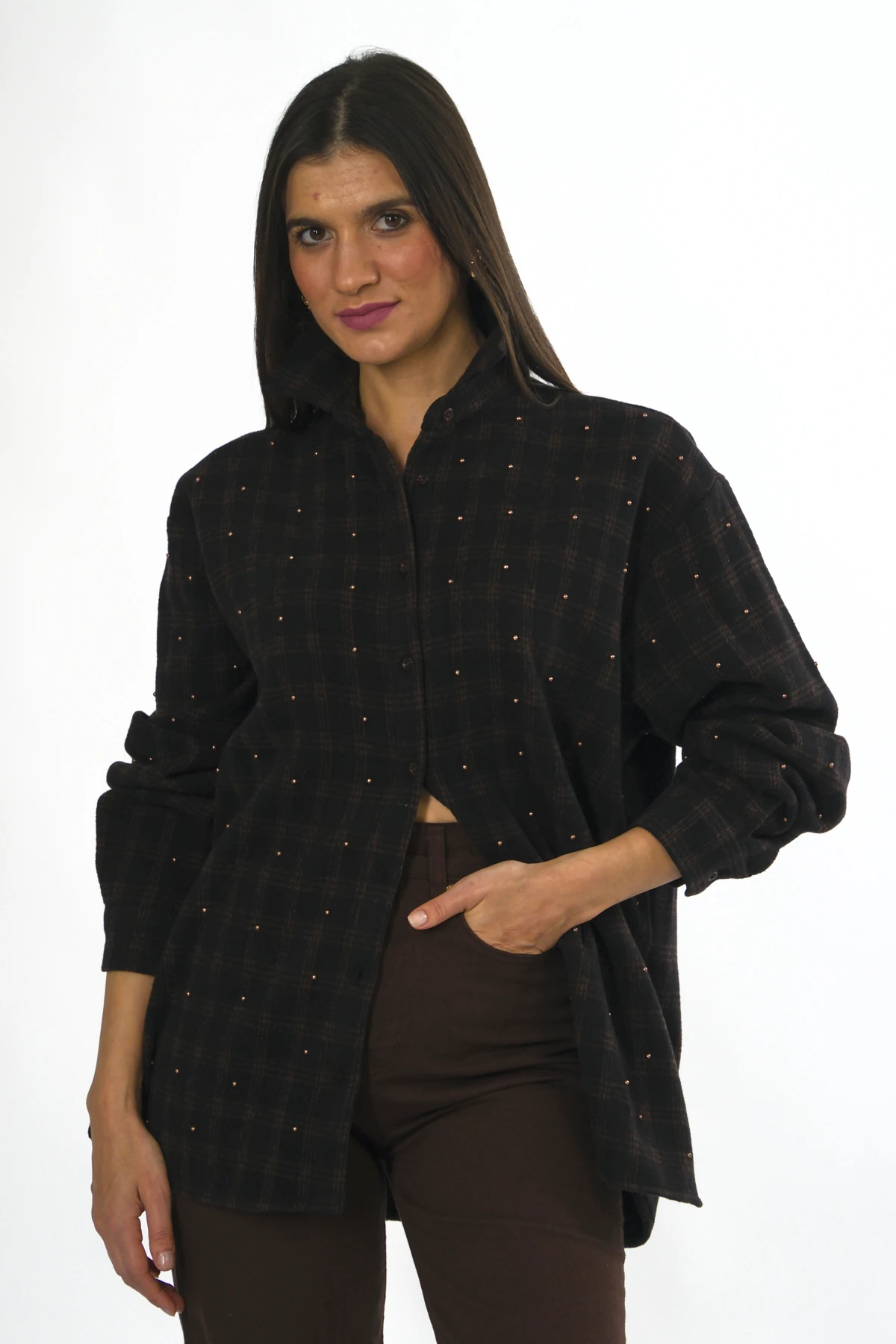 Abbra Kadın Zımba Çakımlı Pamuklu Ekose Gömlek