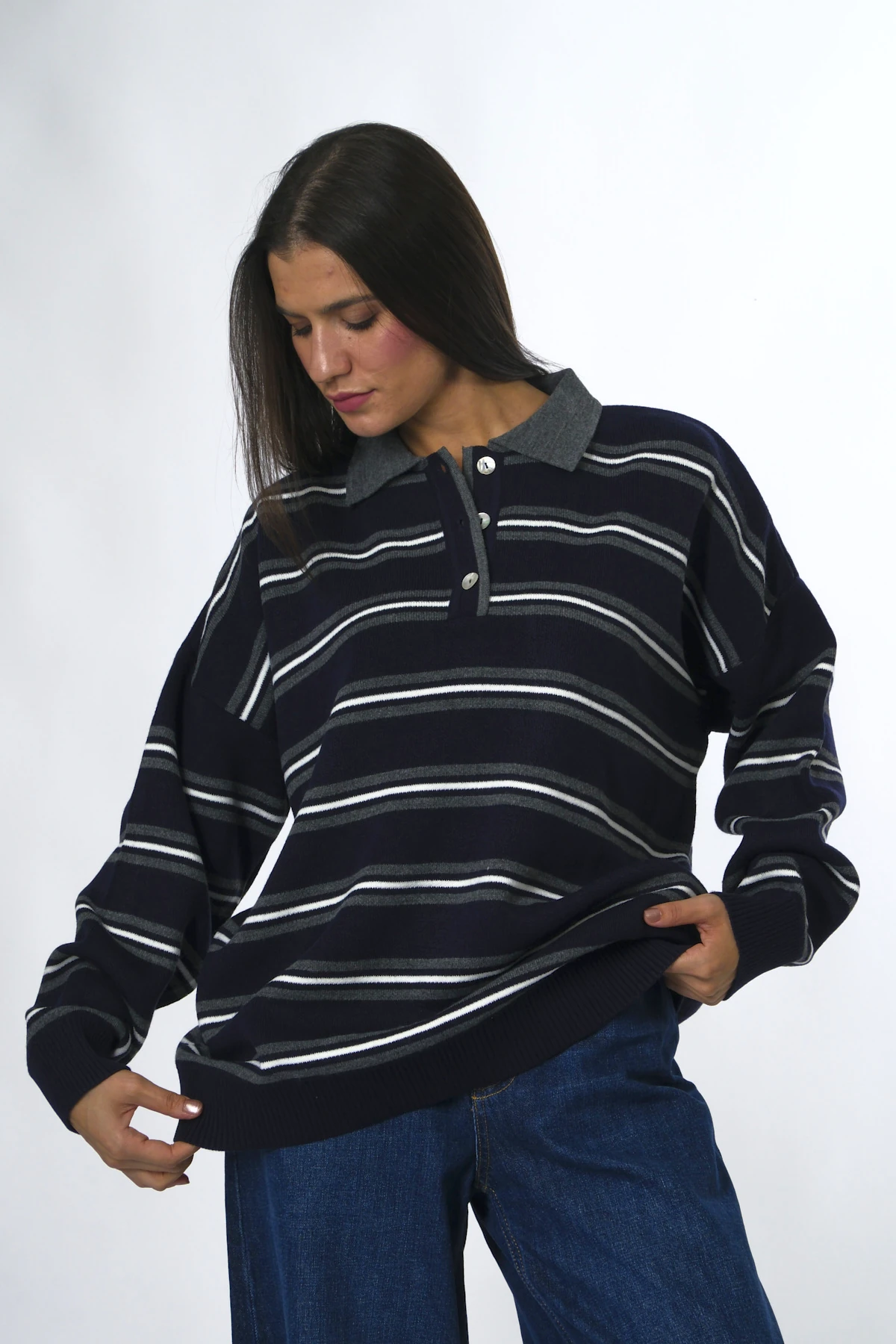 Abbra Kadın Düğmeli Polo Yaka Oversize Kazak