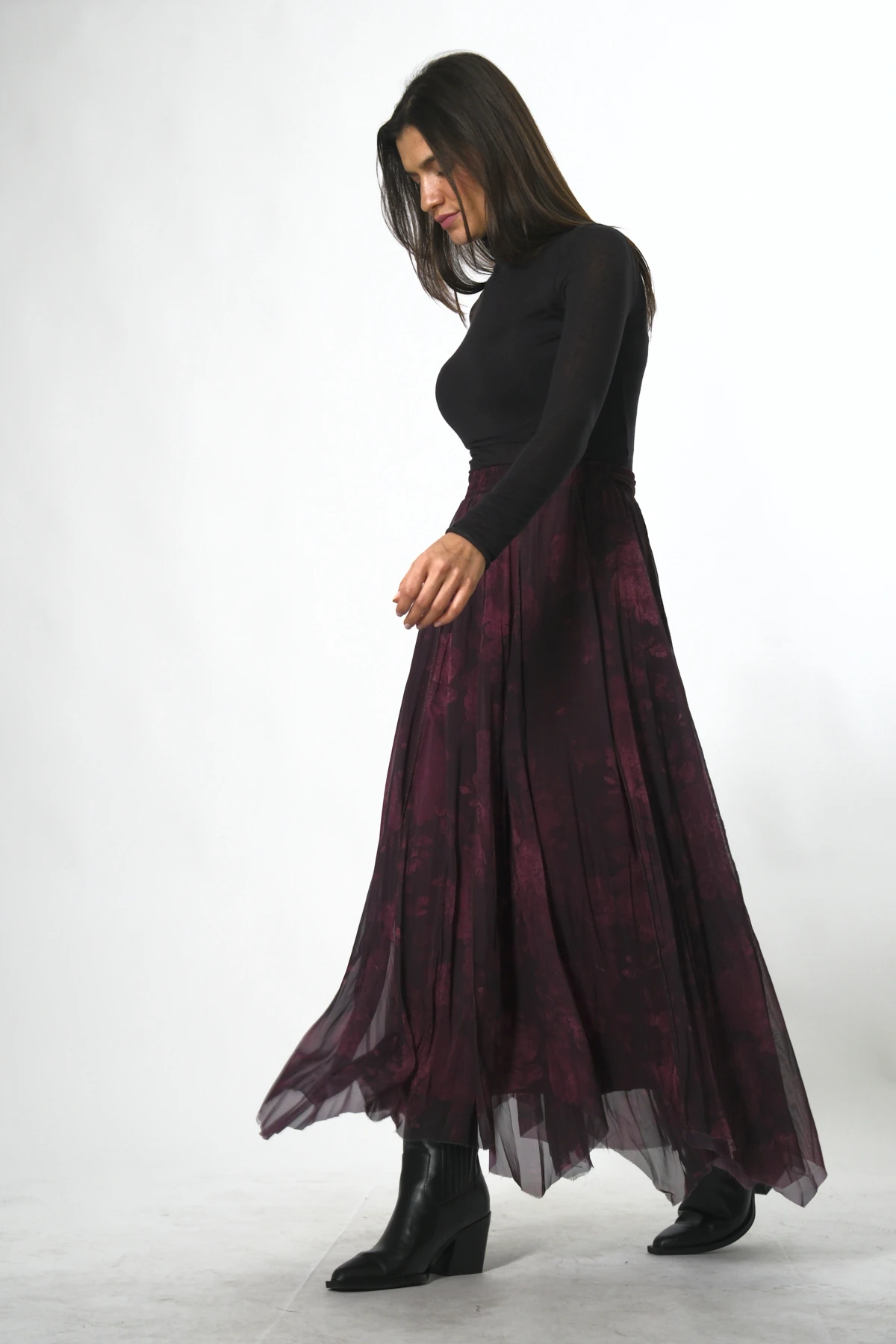 Abbra Kadın Astarlı Beli Lastikli Desenli Şifon Etek