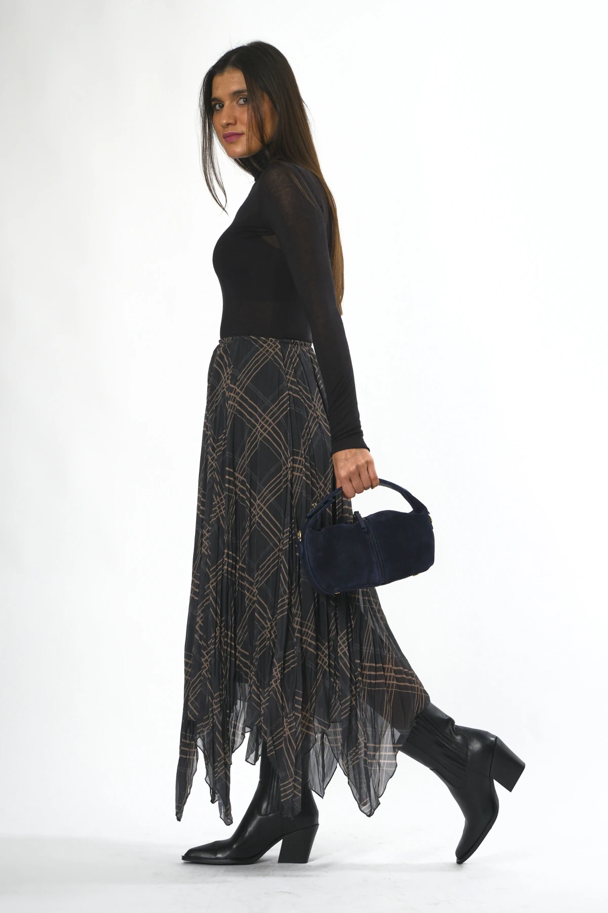 Kadın Beli Lastikli Astarlı Parçalı Ekose Etek