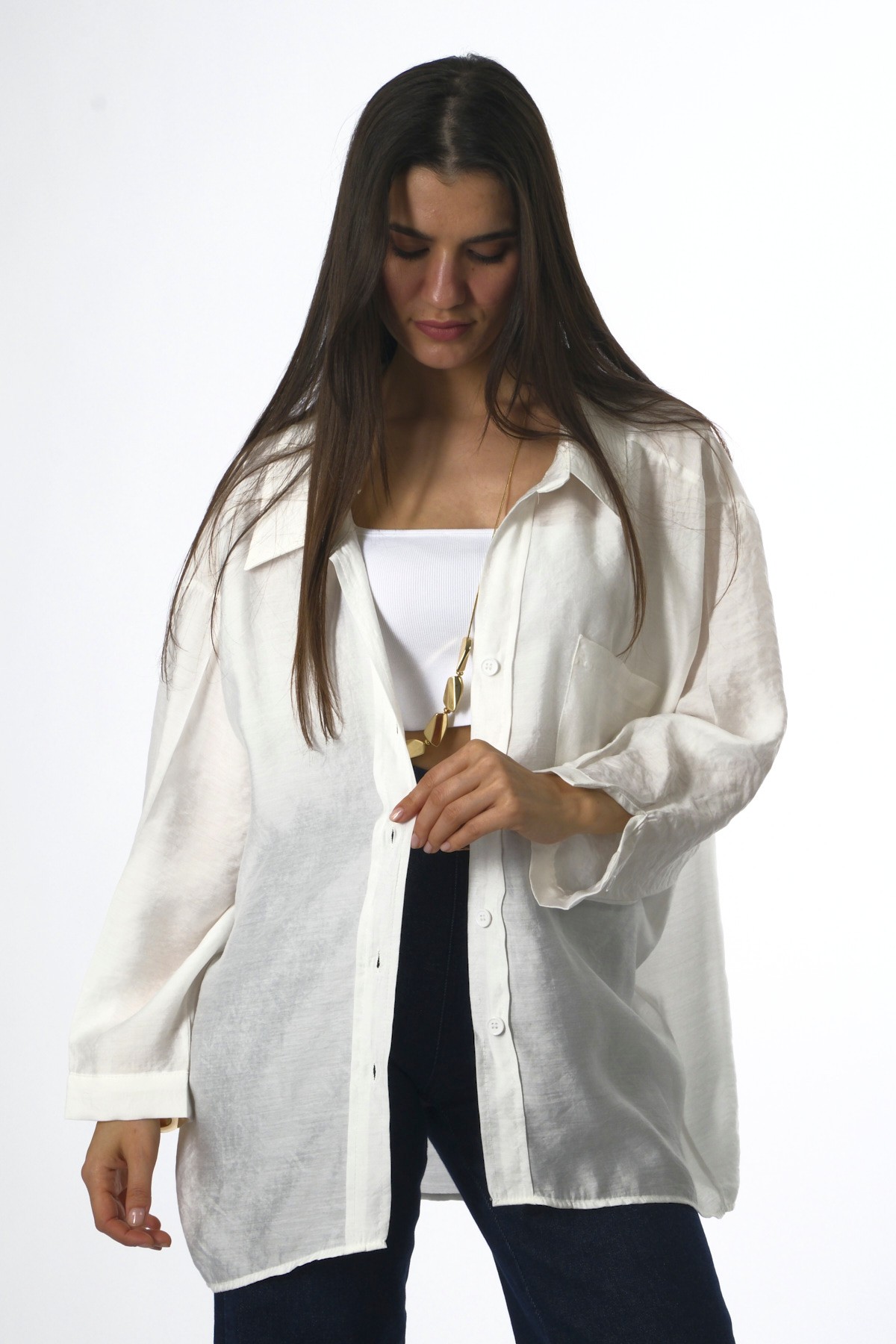 Abbra Kadın Düşük Omuzlu Modal Oversize Gömlek