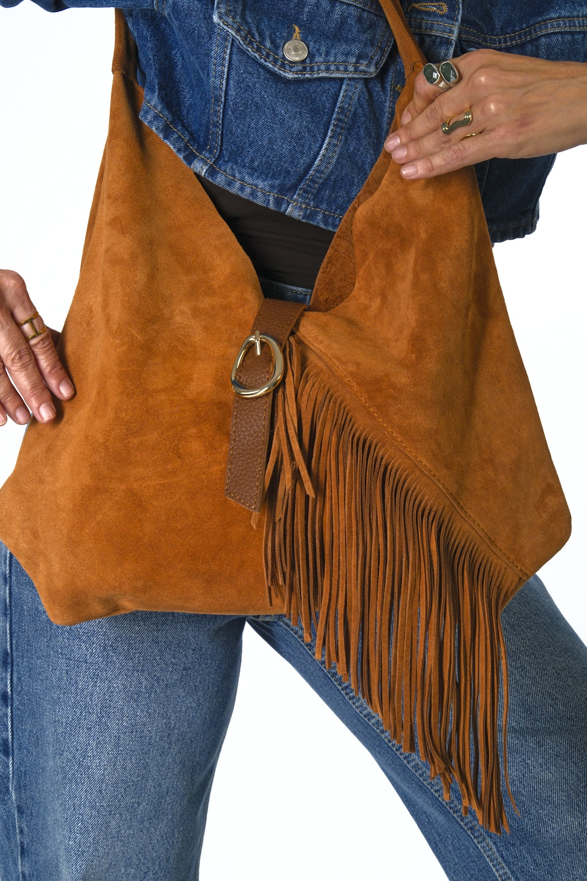 Abbra Kadın Gerçek Süet Deri Yavrulu Yan Püsküllü Çanta