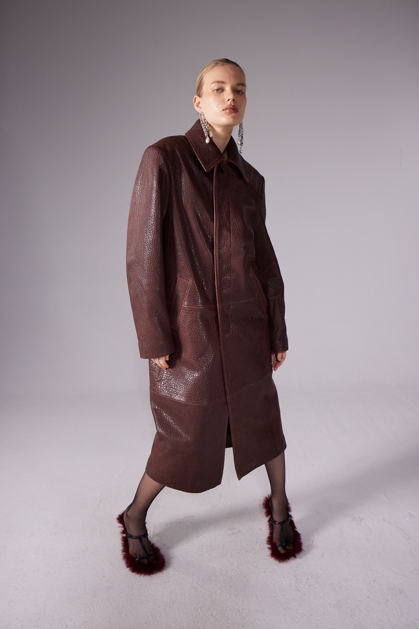 WHISKEY LONG TRENCH IN SHARKY LAMBSKIN