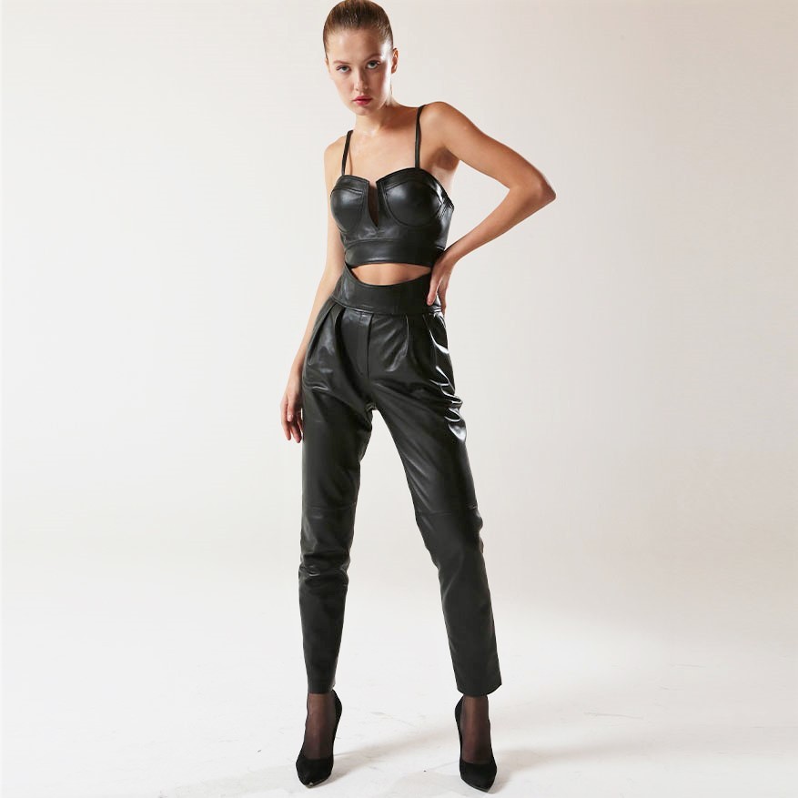 Special Design High Waist Black Leather Pants