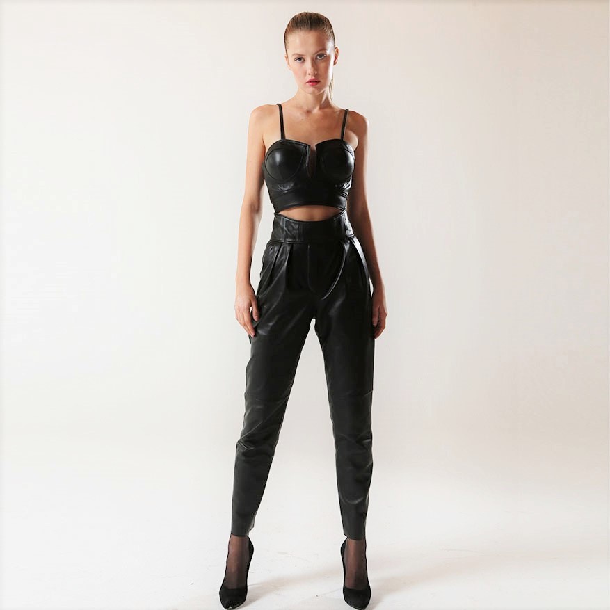 Special Design High Waist Black Leather Pants