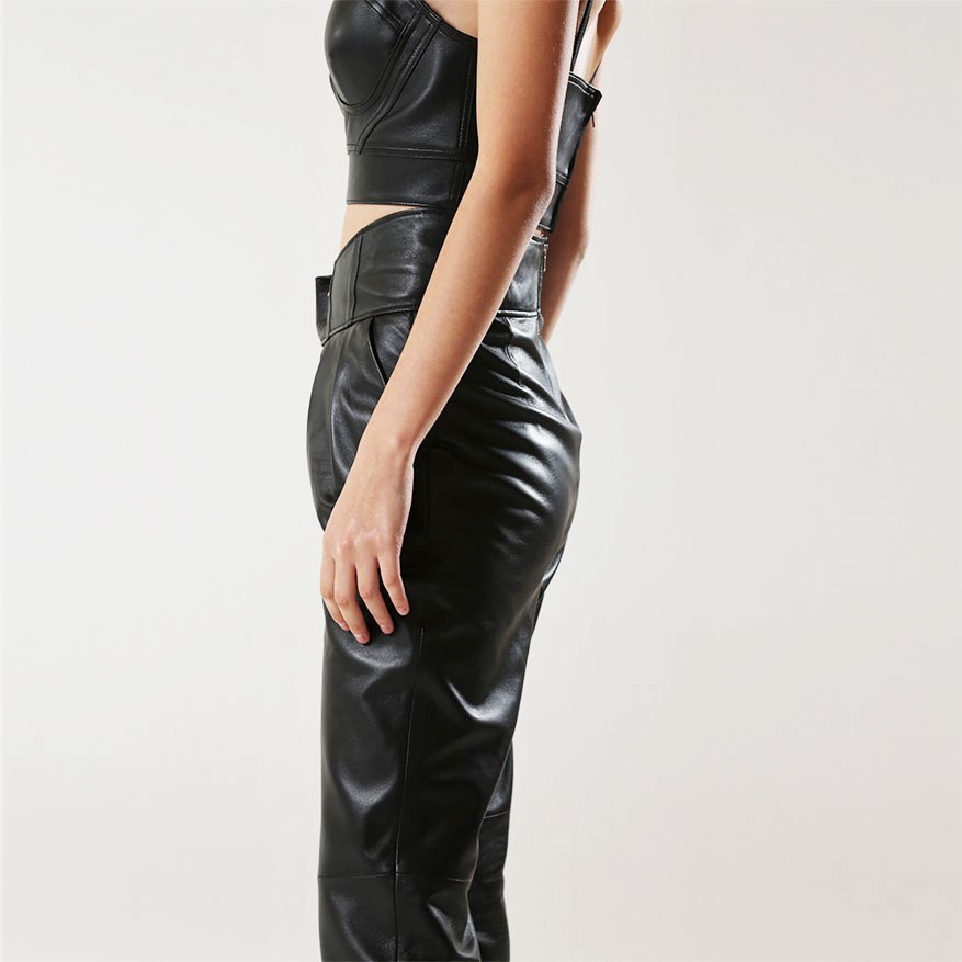 Special Design High Waist Black Leather Pants