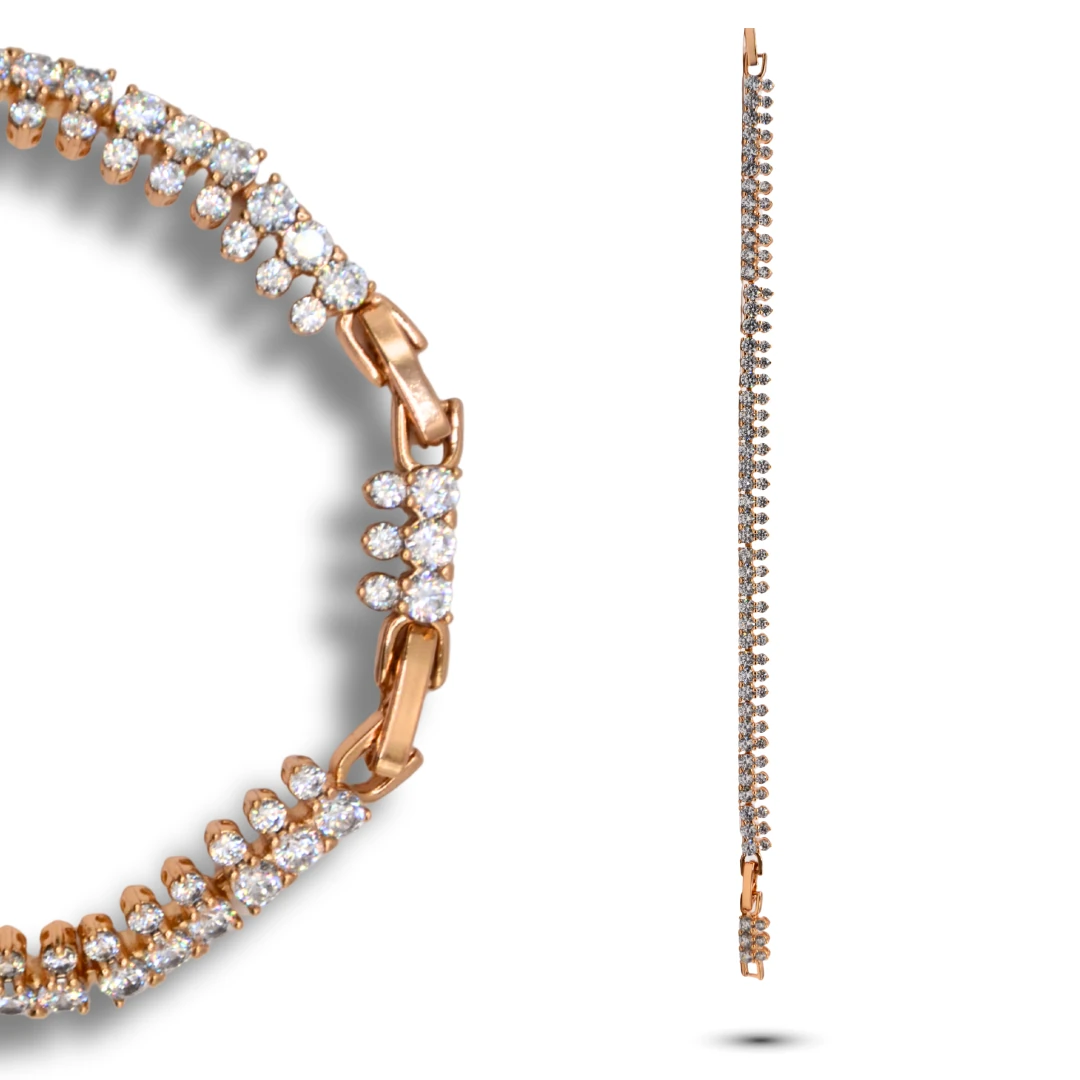 Lucent-Çift Sıra Beyaz Zirkon Taşlı 18K Rose Altın Renk Kadın Bileklik