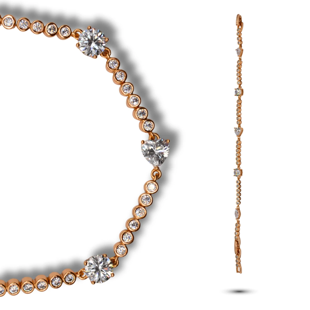 Lucent-Damla & Yuvarlak Kesim Beyaz Zirkon Taşlı 18K Rose Altın Renk Kadın Bileklik