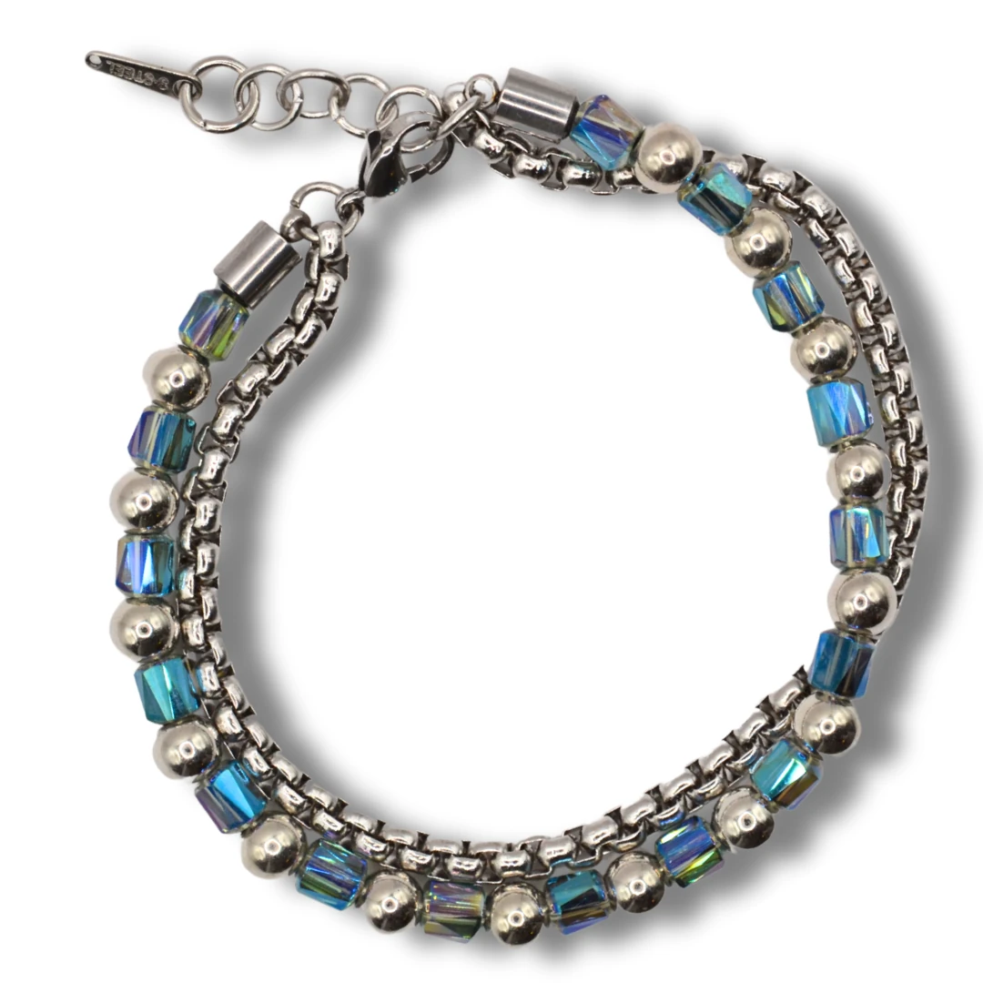 Umbra-Hologram Mavi Kristal Detaylı Çift Sıra Gümüş Erkek Bileklik