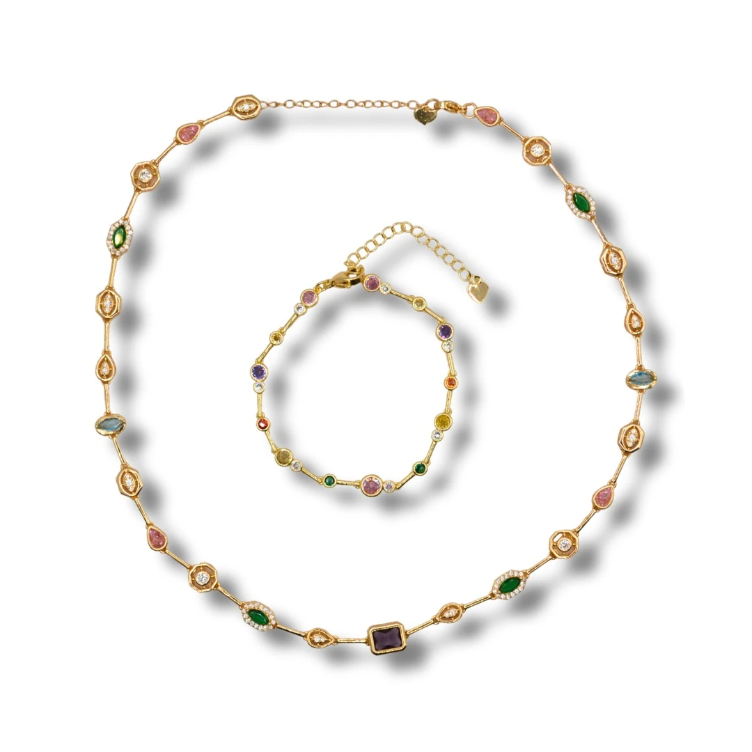 Umbra-18K Altın Kaplama, Renkli Zirkon ve Doğal Taşlı Kadın Kolye, Bileklik Seti