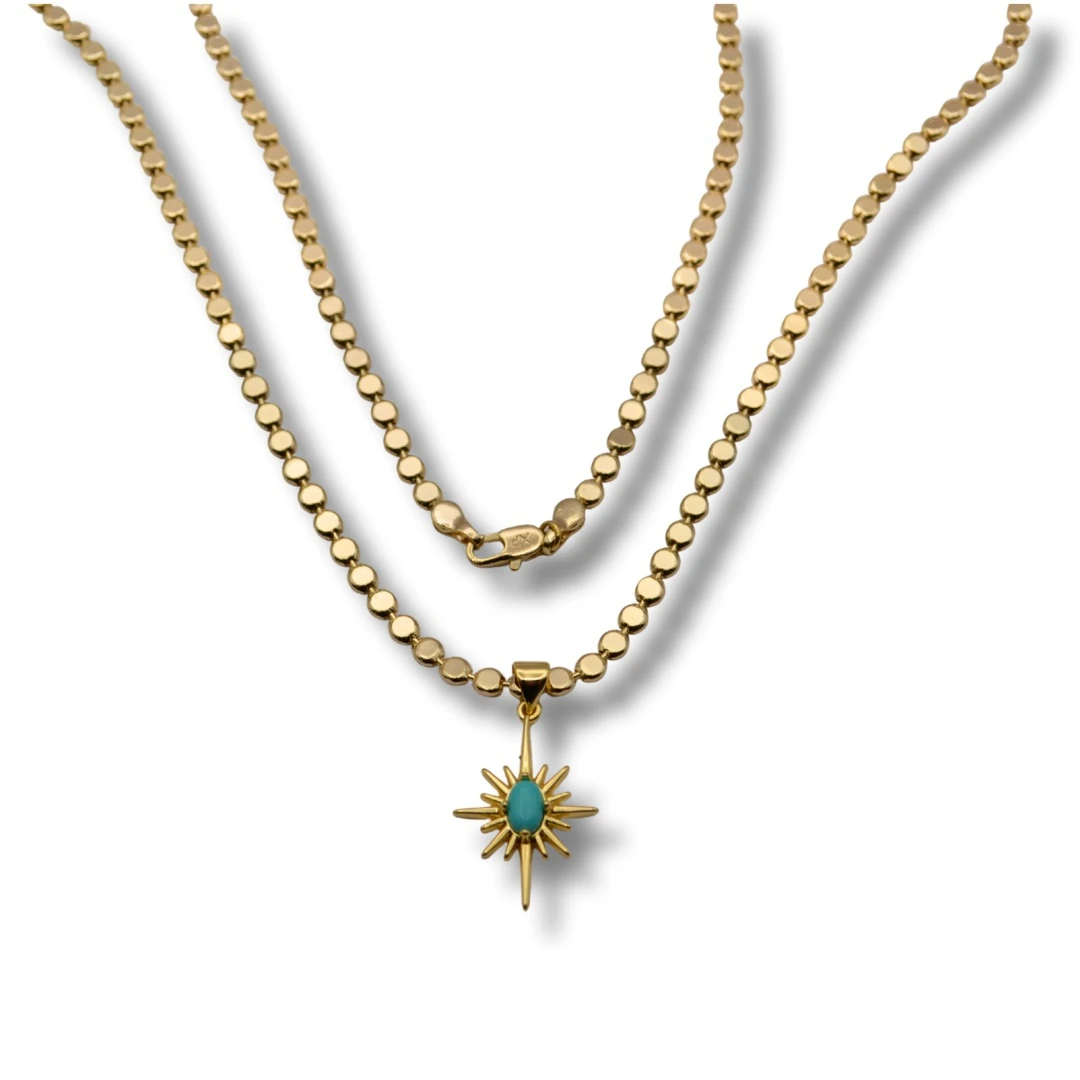 Umbra-18K Altın Kaplama, Çelik, Turkuaz Taşlı Güneş Kolye
