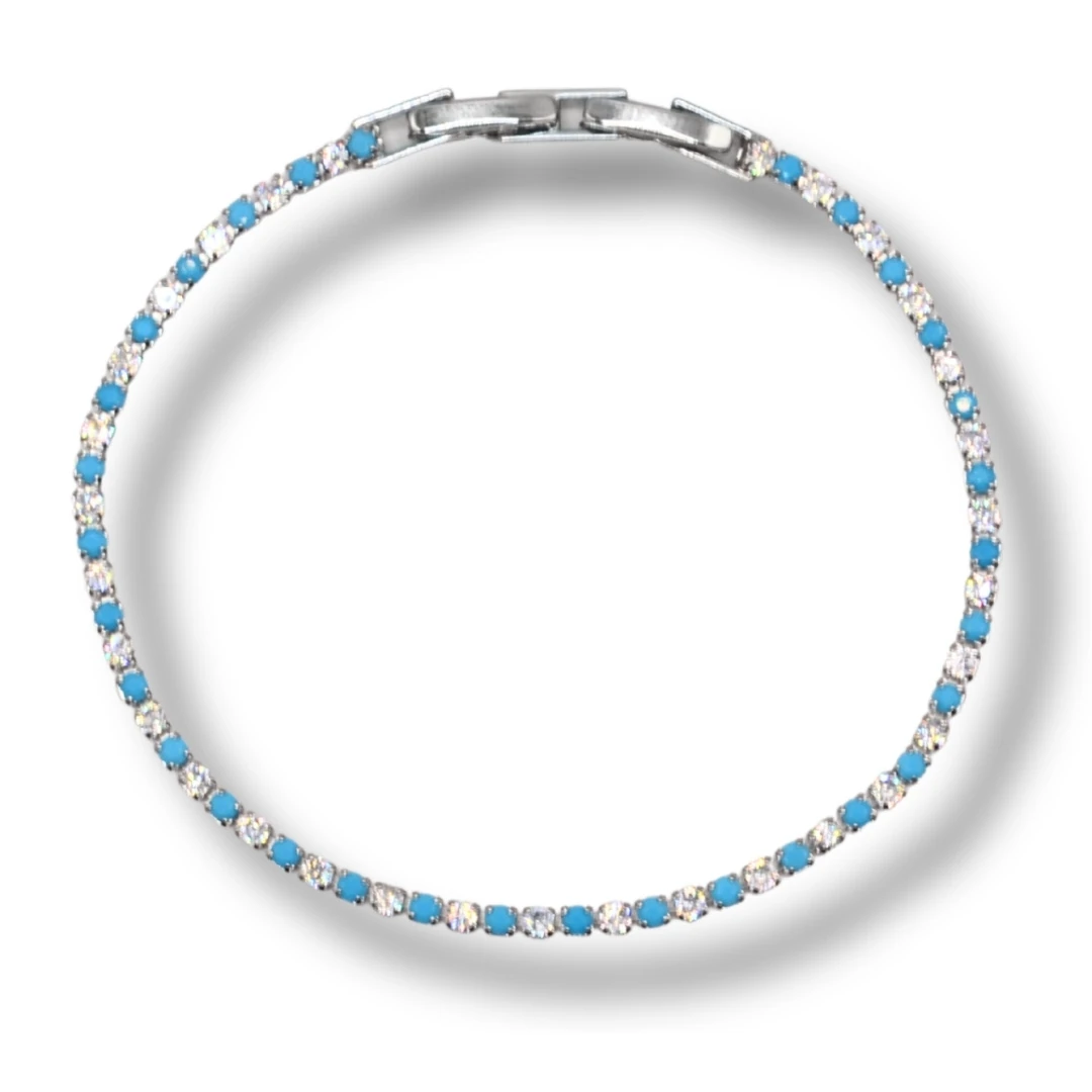 Lucent-Turkuaz&Beyaz Zirkon Taşlı Gümüş Renk Tenis Bileklik