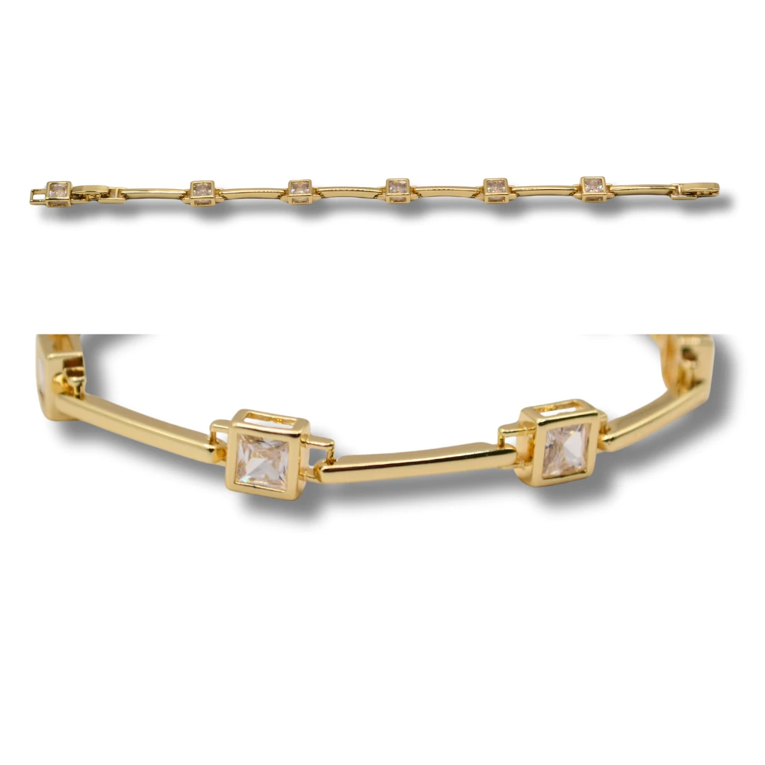 Lucent-Kare Kesim Beyaz Zirkon Taşlı 18K Altın Renk Kadın Bileklik