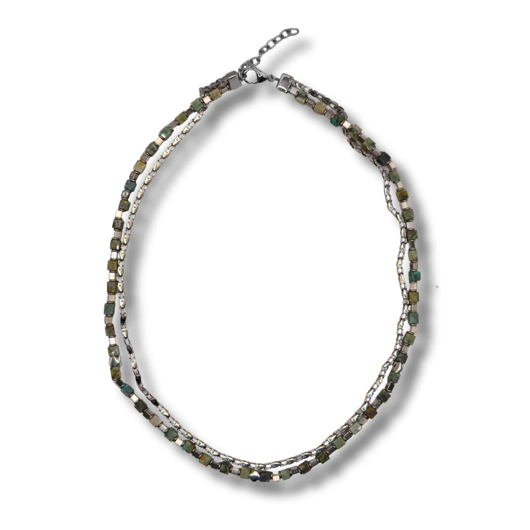 Aethra-Doğal Yosun Jasper Taşlı Çelik Kolye