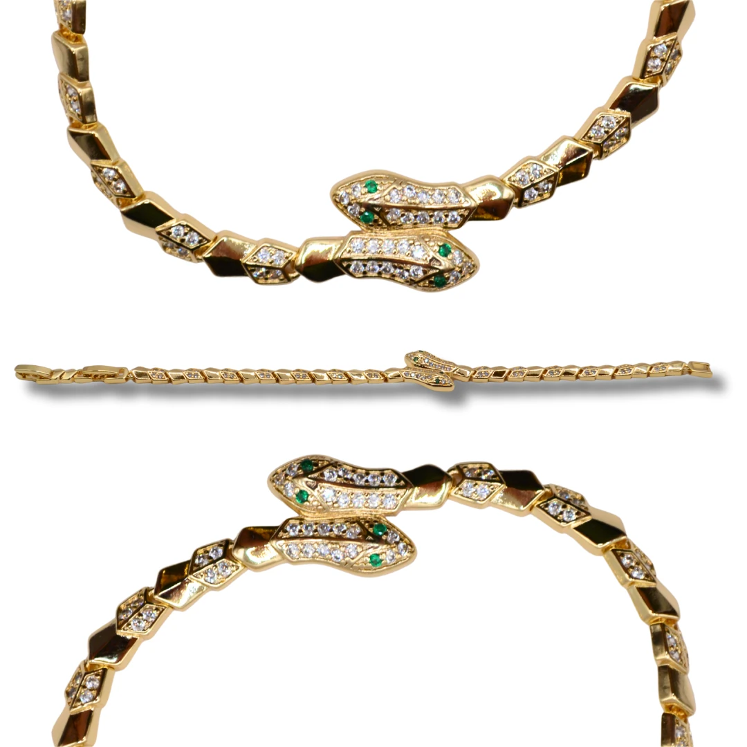 Umbra-Zümrüt Yılan Detaylı Beyaz Zirkon Taşlı 18K Altın Renk Kadın Bileklik