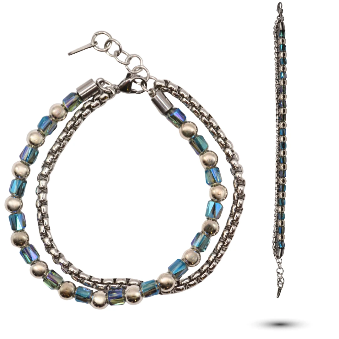 Umbra-Hologram Mavi Kristal Detaylı Çift Sıra Gümüş Erkek Bileklik