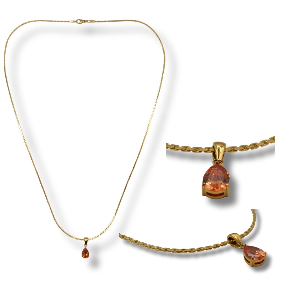 Lucent-Turuncu Zirkon Taşlı 18K Altın Kaplama Çelik Kolye