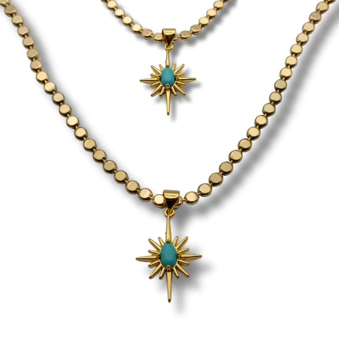 Umbra-18K Altın Kaplama, Çelik, Turkuaz Taşlı Güneş Kolye