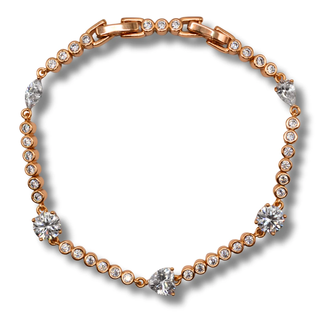 Lucent-Damla & Yuvarlak Kesim Beyaz Zirkon Taşlı 18K Rose Altın Renk Kadın Bileklik