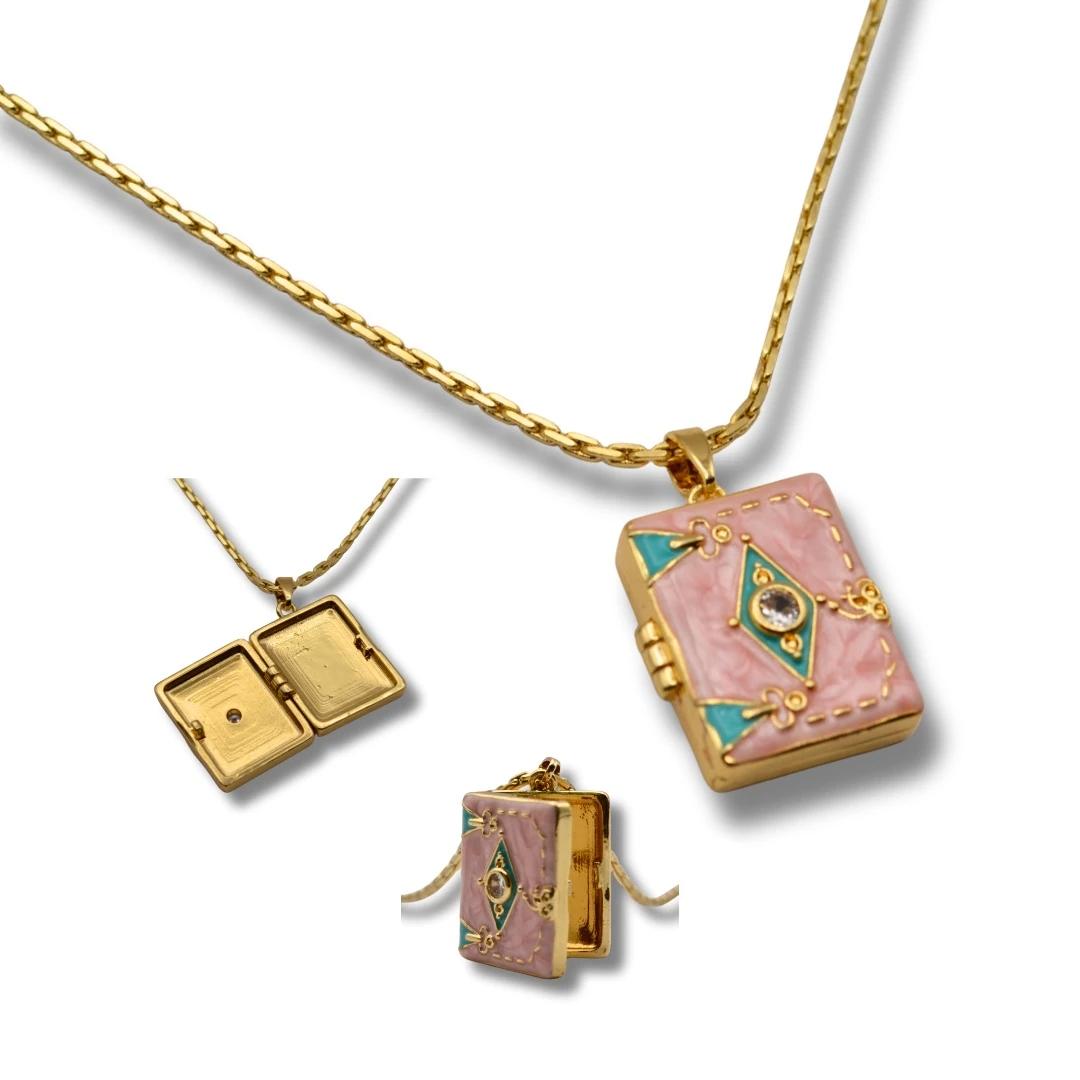 Umbra-18K Altın Kaplama Renkli Kitap Madalyon Kolye – Zarif Tasarım, Fotoğraf Koyulabilir