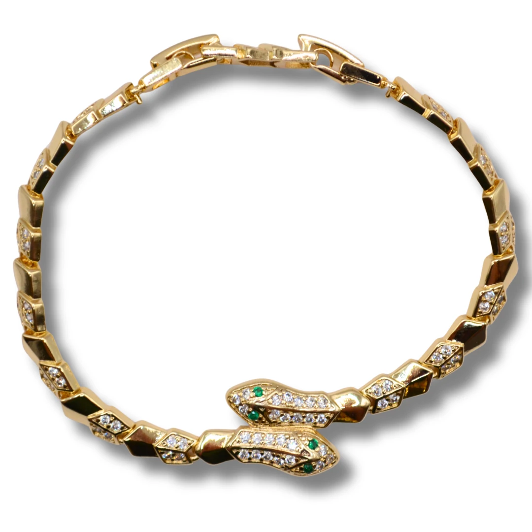 Umbra-Zümrüt Yılan Detaylı Beyaz Zirkon Taşlı 18K Altın Renk Kadın Bileklik