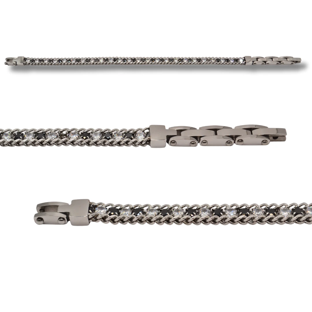 Lucent-Çift Zincir Siyah Beyaz Zirkon Taşlı Çelik Erkek Bileklik