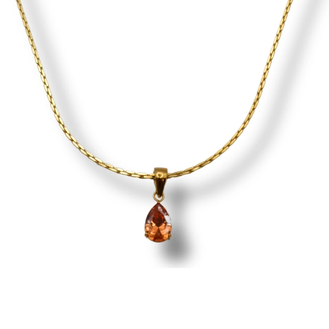 Lucent-Turuncu Zirkon Taşlı 18K Altın Kaplama Çelik Kolye