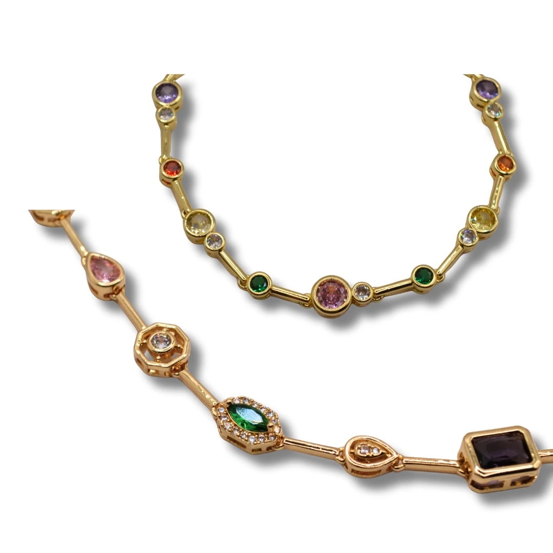 Umbra-18K Altın Kaplama, Renkli Zirkon ve Doğal Taşlı Kadın Kolye, Bileklik Seti