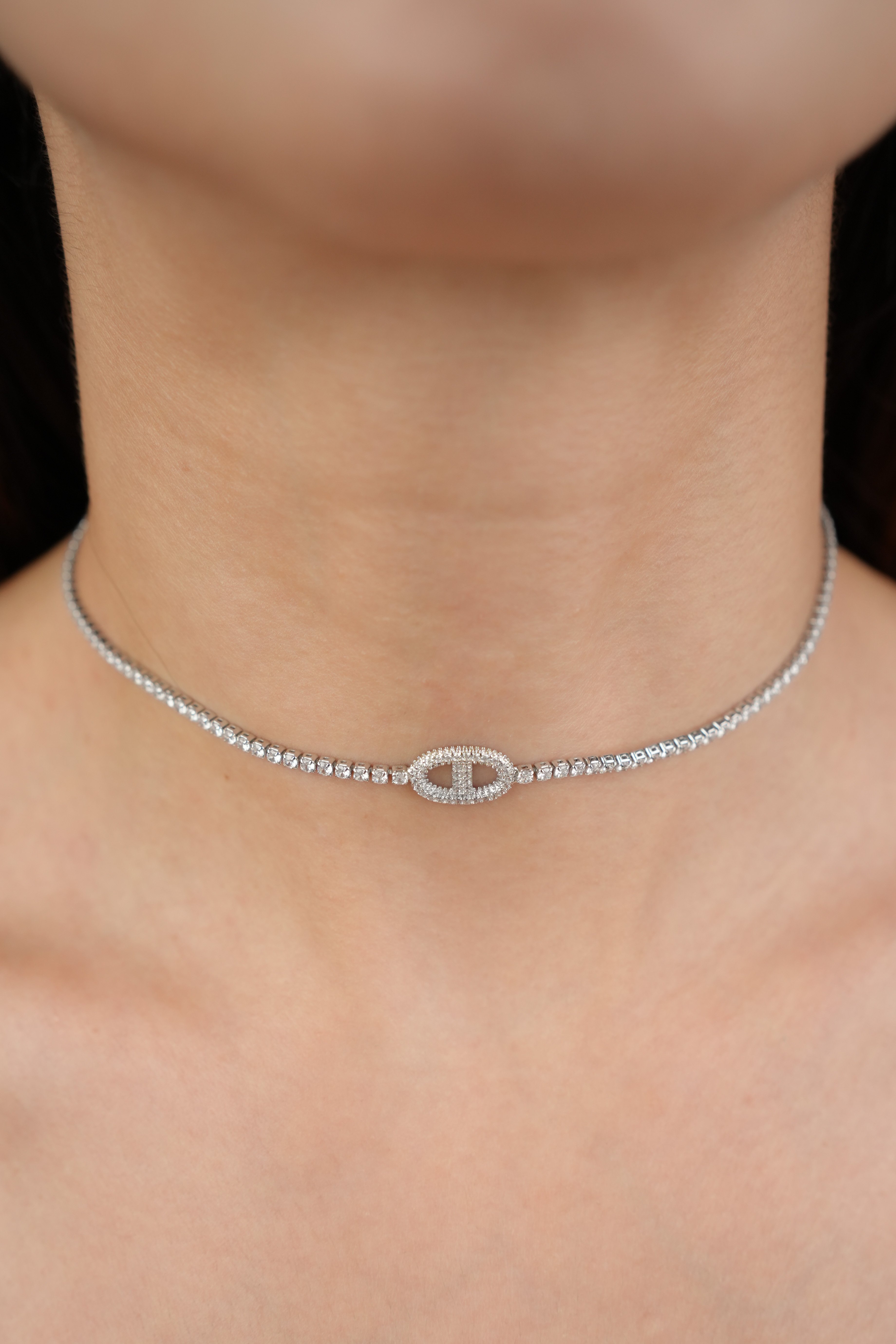 Beyaz Altın Kaplama Taşlı Oval Choker