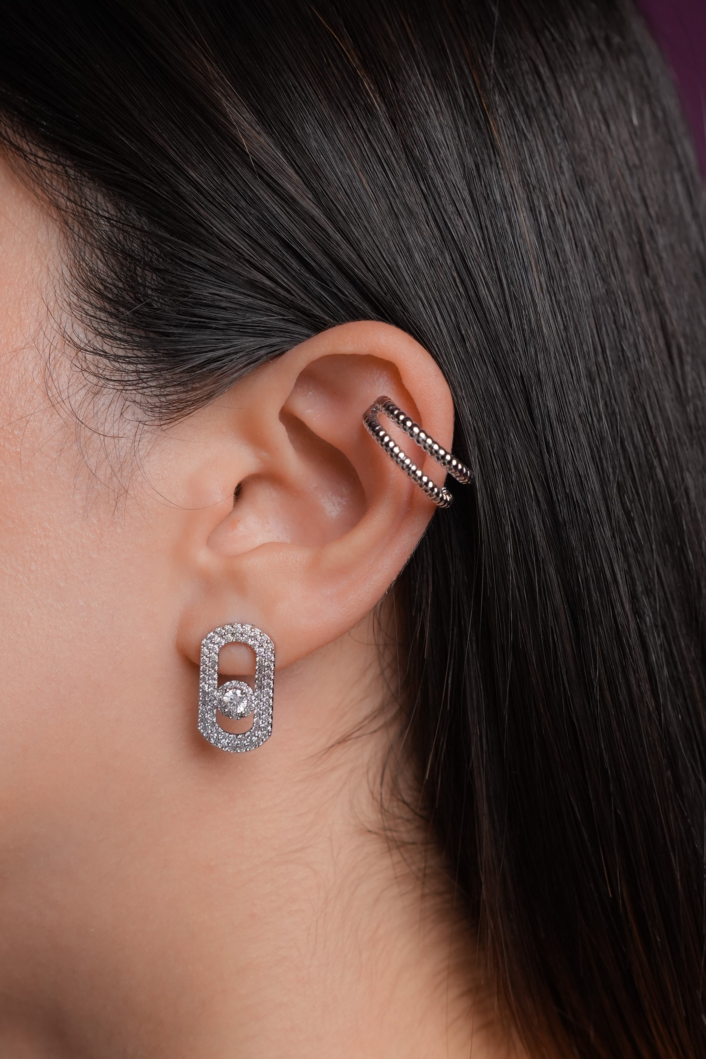 Beyaz Altın Kaplama Top Detaylı İkili Ear Cuff (Tekli)