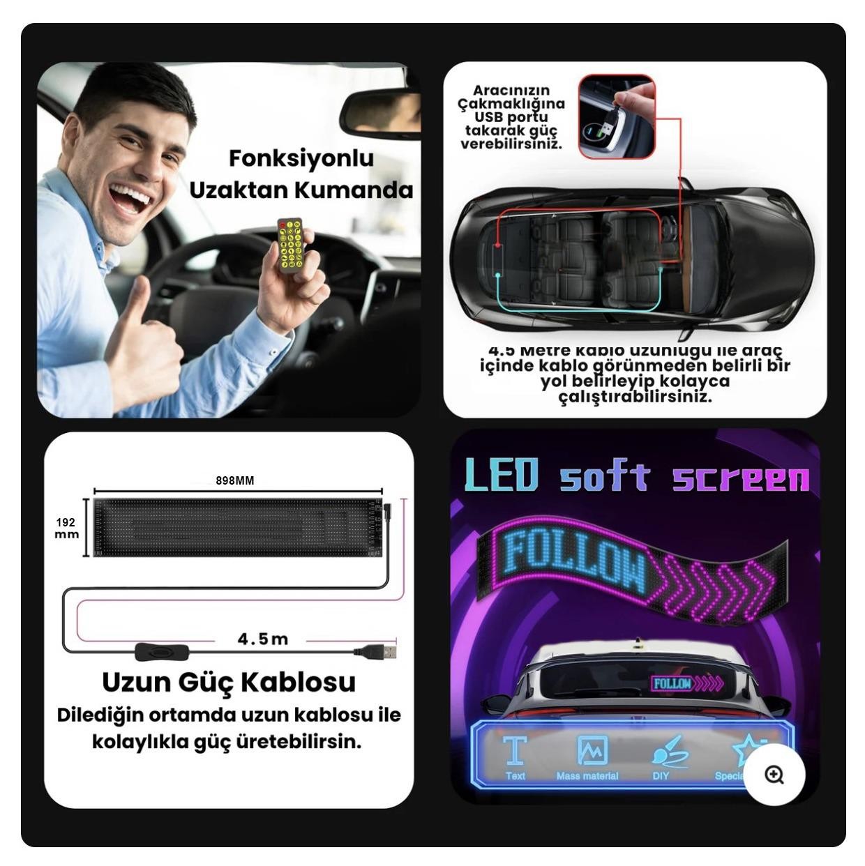 Kişiselleştirilebilir Matrix Car LED Ekran (90x19cm)